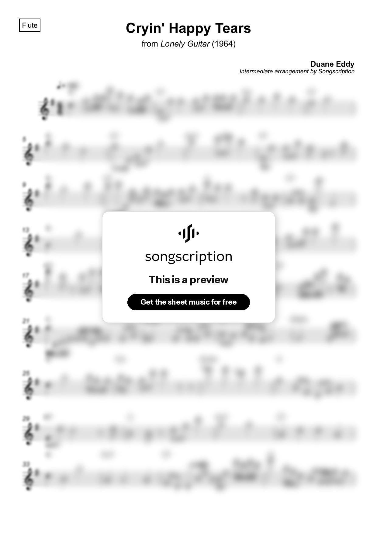 Intermediate Flute Sheet Music for "Cryin' Happy Tears" by Duane Eddy