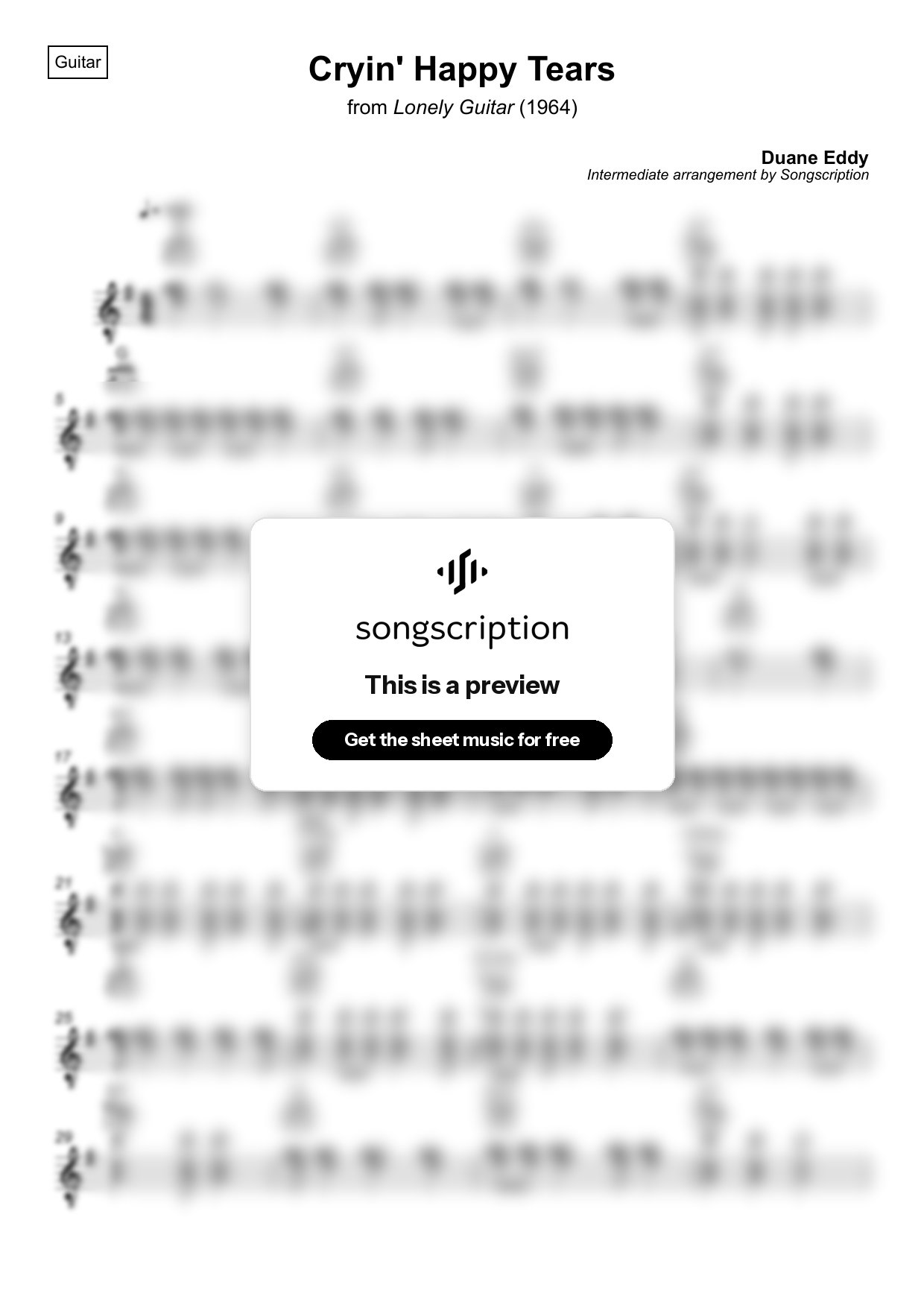 Intermediate Acoustic Guitar Sheet Music for "Cryin' Happy Tears" by Duane Eddy
