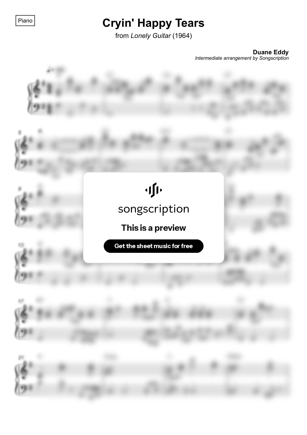 Intermediate Piano Sheet Music for "Cryin' Happy Tears" by Duane Eddy