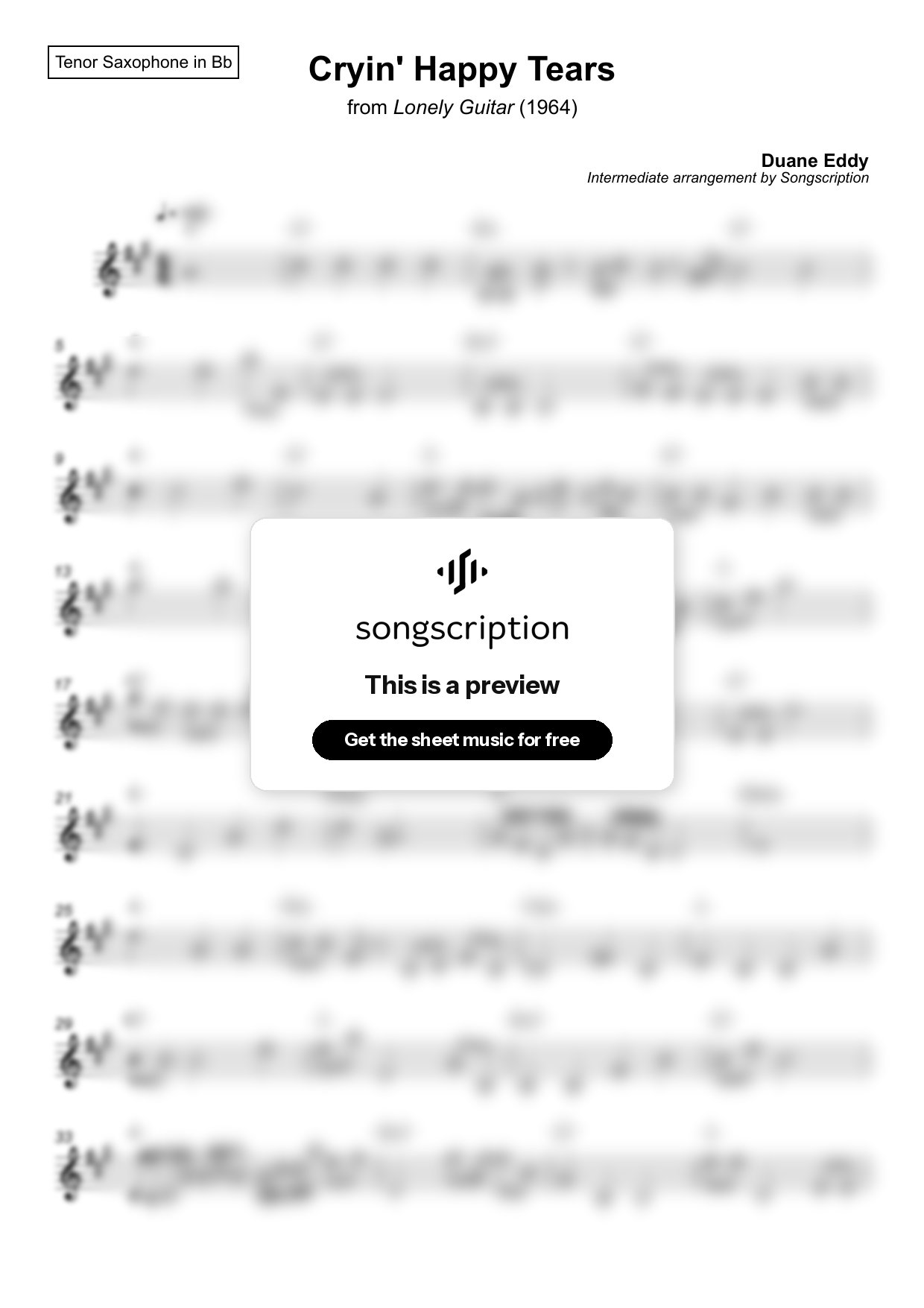 Intermediate Tenor Sax Sheet Music for "Cryin' Happy Tears" by Duane Eddy
