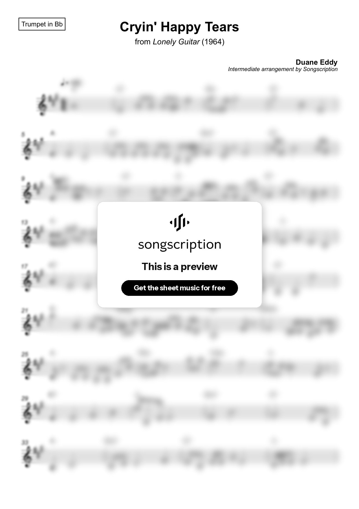Intermediate Trumpet Sheet Music for "Cryin' Happy Tears" by Duane Eddy