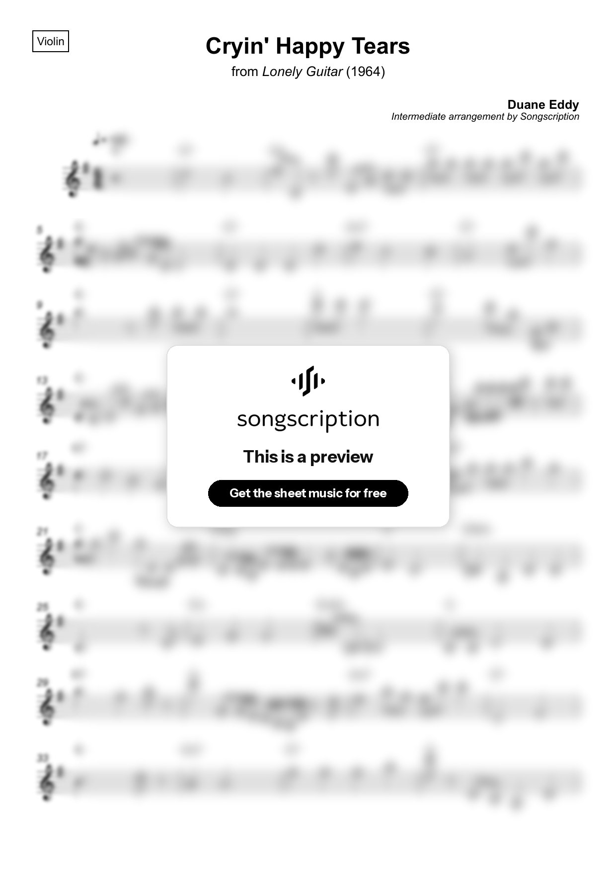 Intermediate Violin Sheet Music for "Cryin' Happy Tears" by Duane Eddy