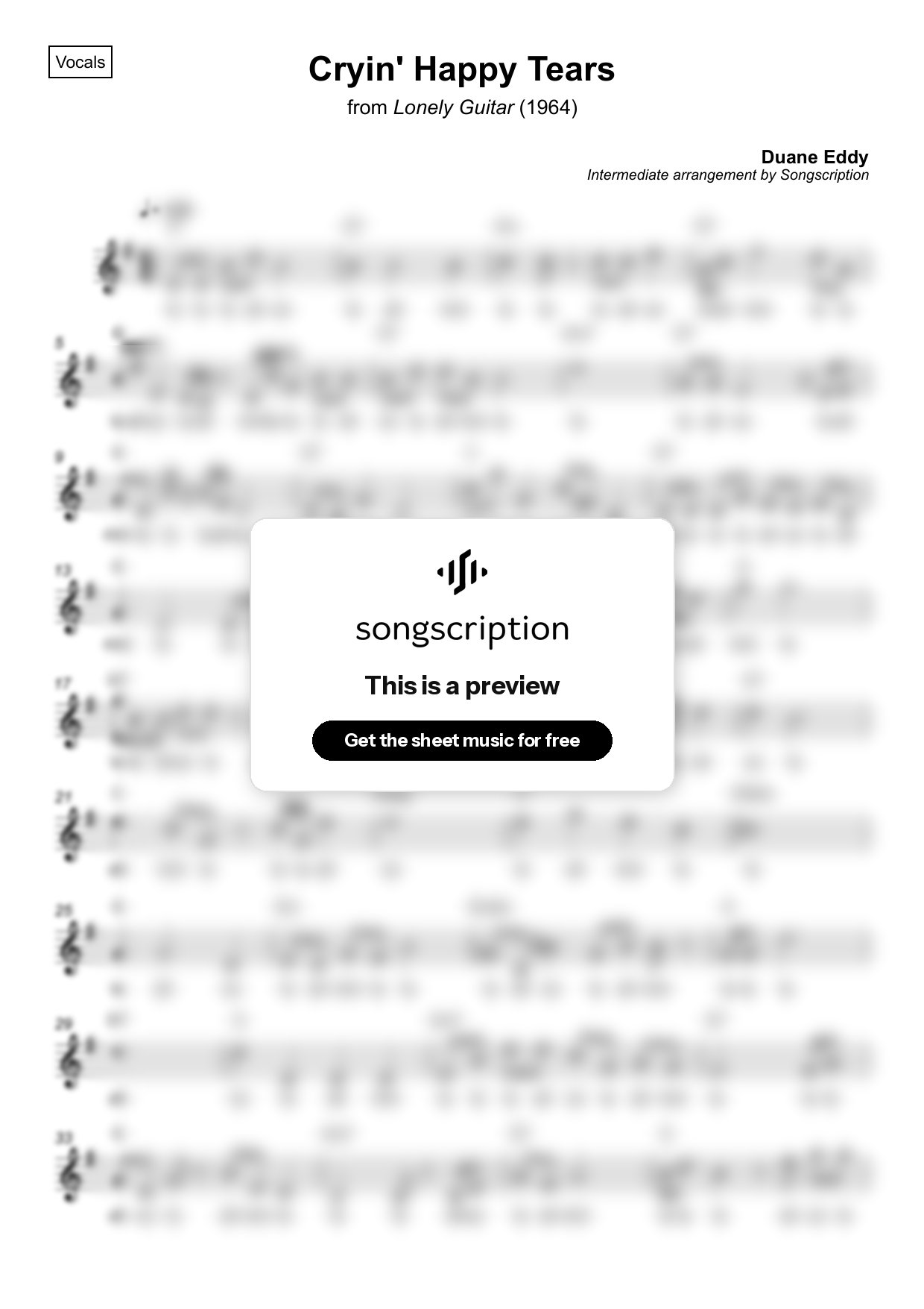 Intermediate Vocals Sheet Music for "Cryin' Happy Tears" by Duane Eddy