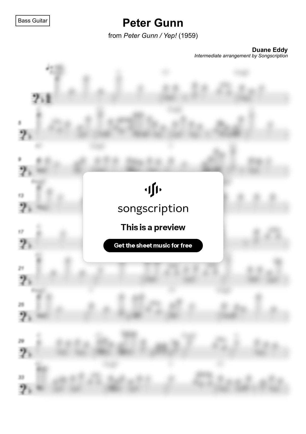 Intermediate Bass Guitar Sheet Music for "Peter Gunn" by Duane Eddy