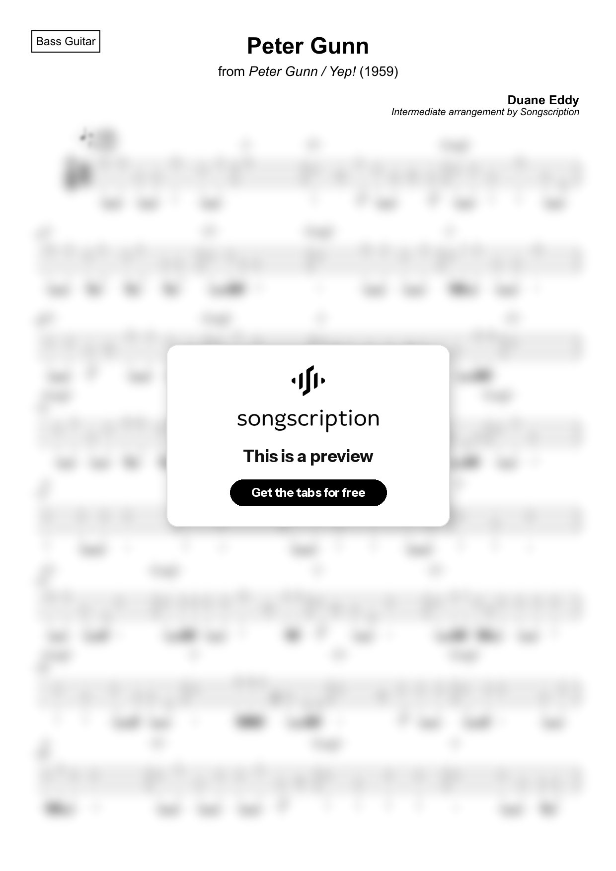 Intermediate Bass Guitar Tabs for "Peter Gunn" by Duane Eddy