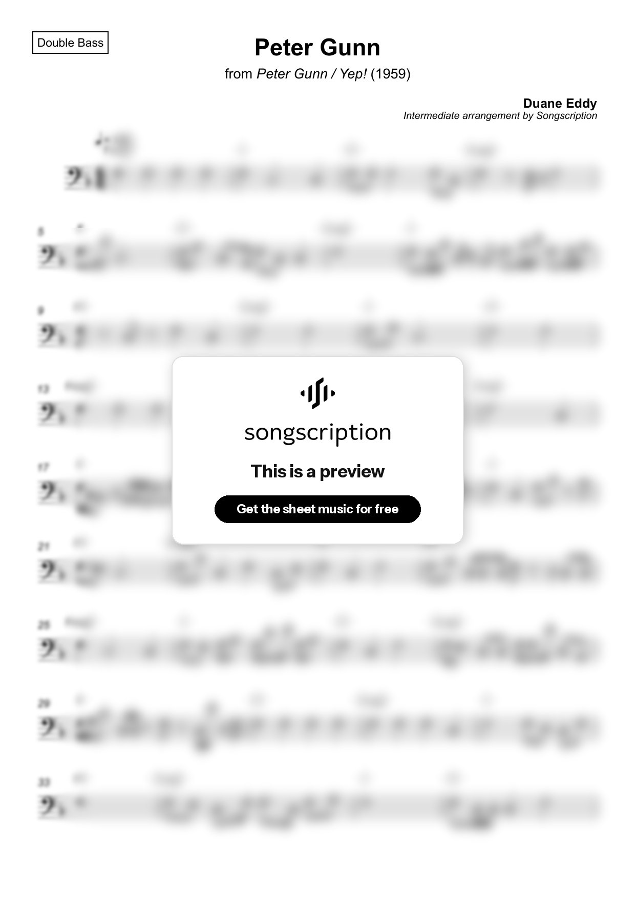 Intermediate Double Bass Sheet Music for "Peter Gunn" by Duane Eddy