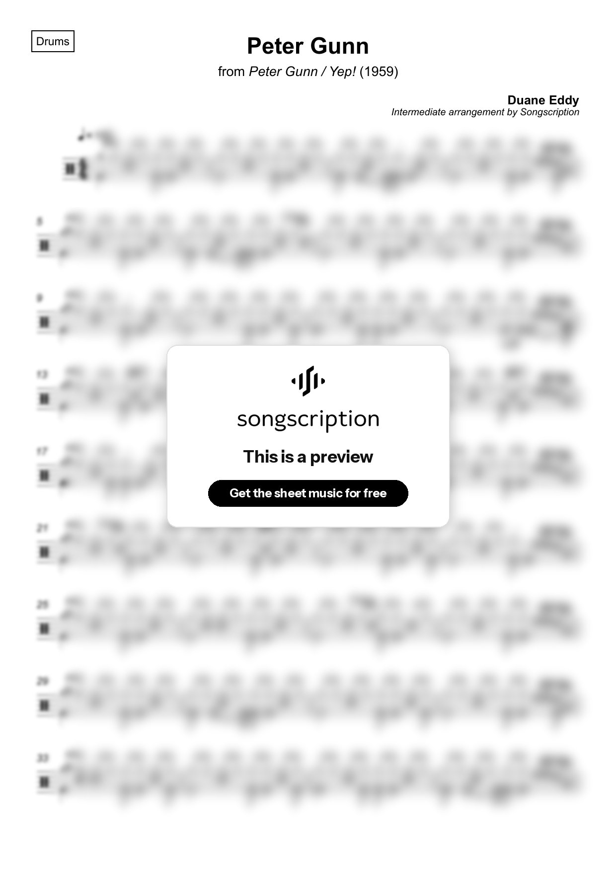 Intermediate Drums Sheet Music for "Peter Gunn" by Duane Eddy