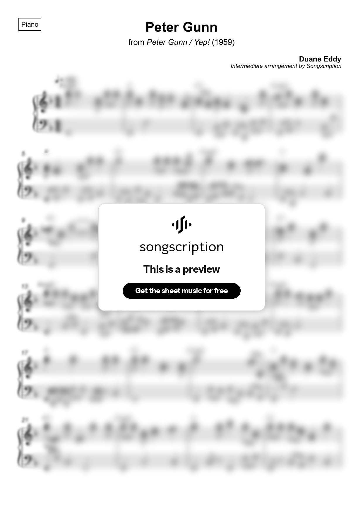 Intermediate Piano Sheet Music for "Peter Gunn" by Duane Eddy