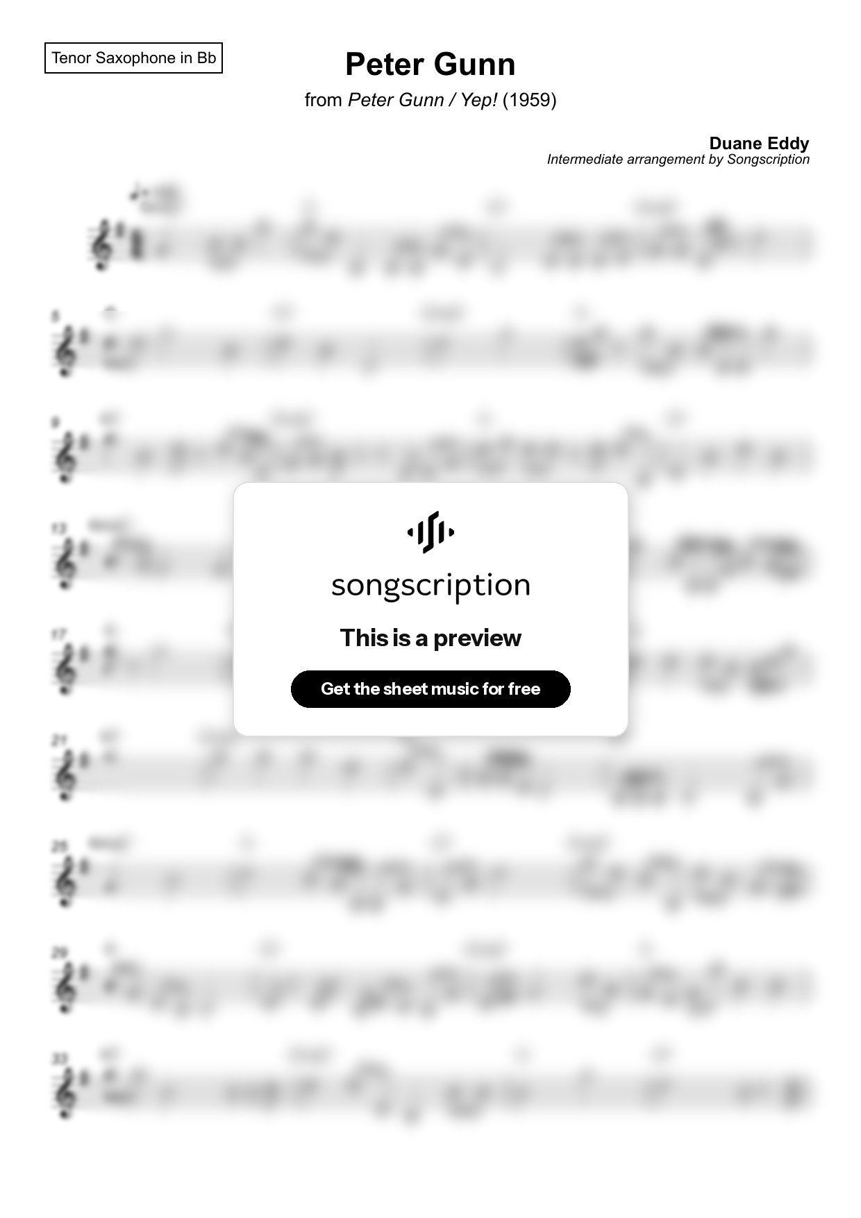 Intermediate Tenor Sax Sheet Music for "Peter Gunn" by Duane Eddy