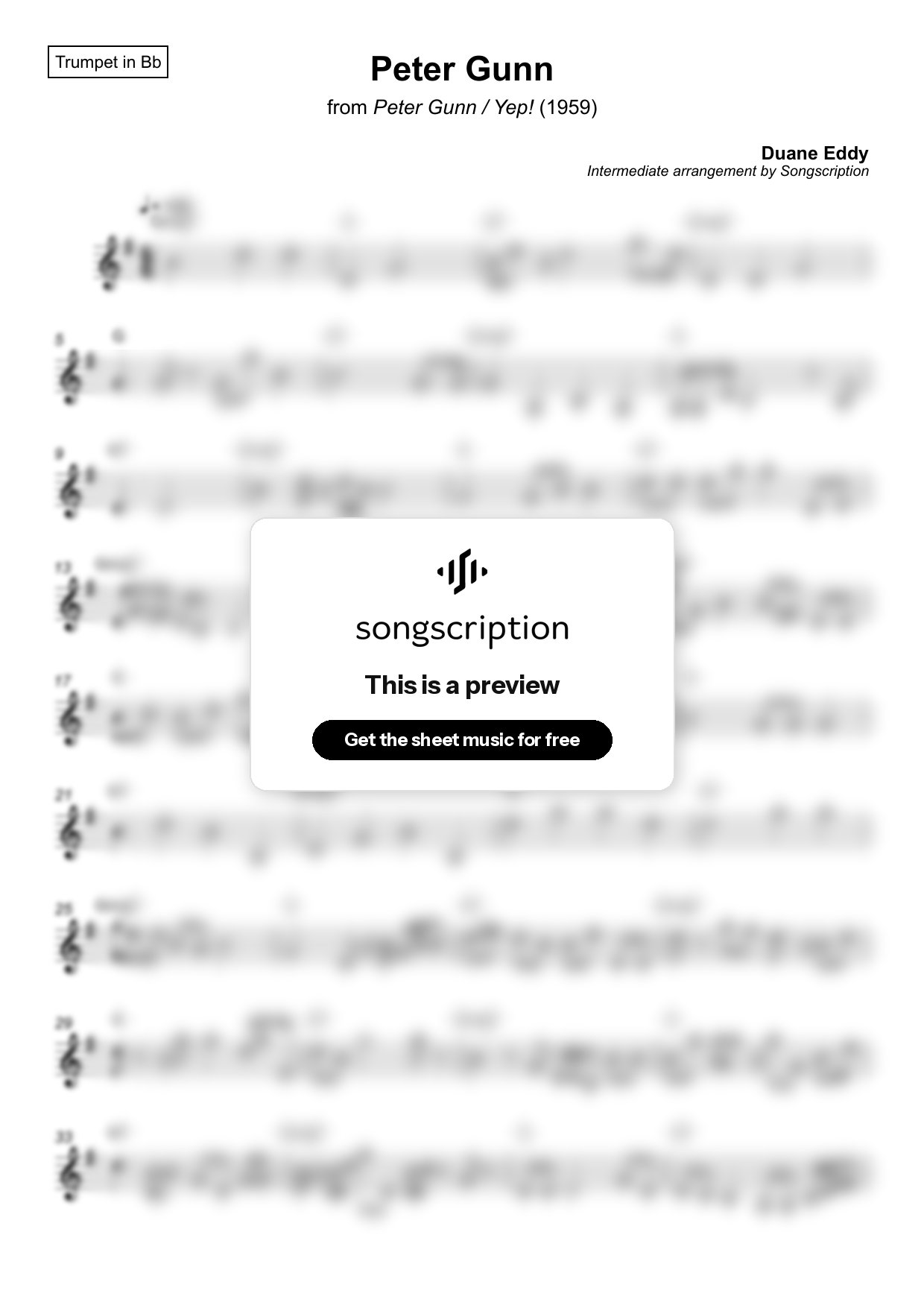 Intermediate Trumpet Sheet Music for "Peter Gunn" by Duane Eddy