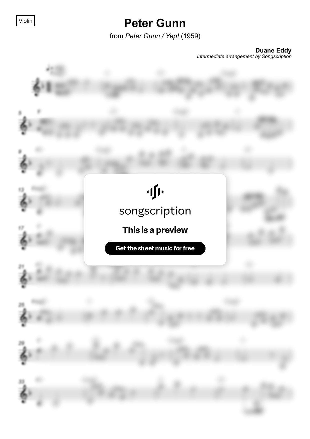 Intermediate Violin Sheet Music for "Peter Gunn" by Duane Eddy