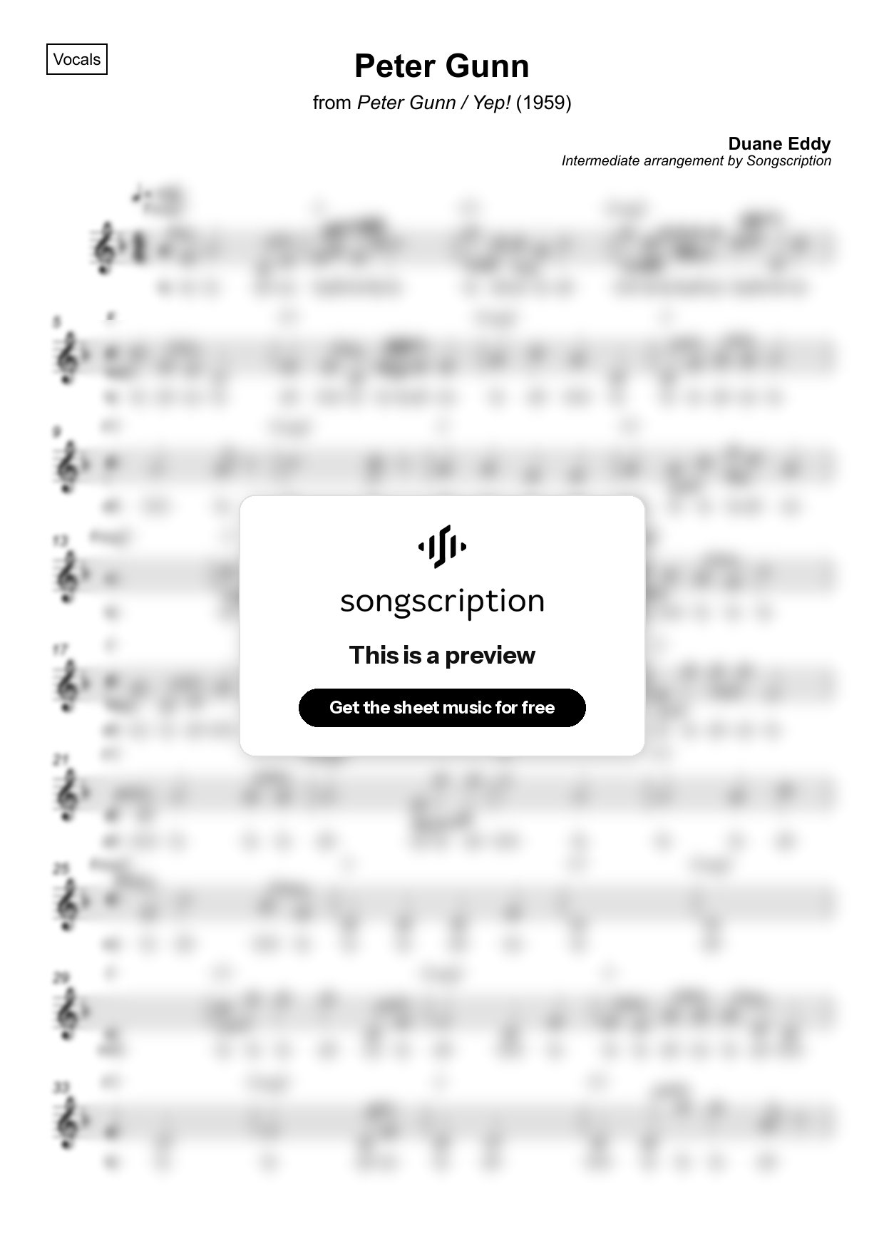 Intermediate Vocals Sheet Music for "Peter Gunn" by Duane Eddy
