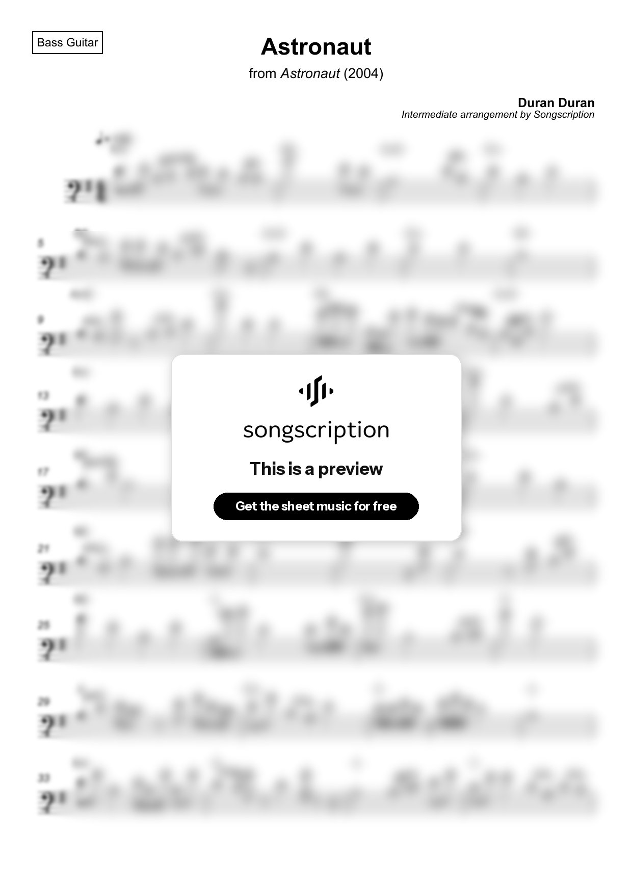 Intermediate Bass Guitar Sheet Music for "Astronaut" by Duran Duran