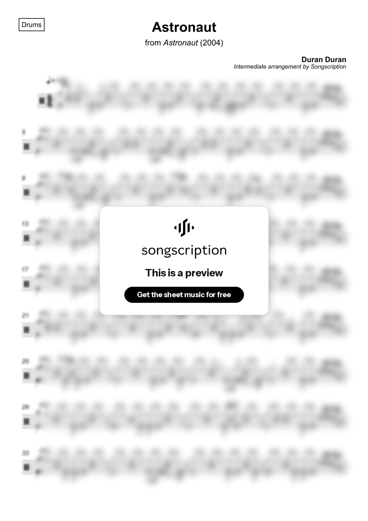 Intermediate Drums Sheet Music for "Astronaut" by Duran Duran