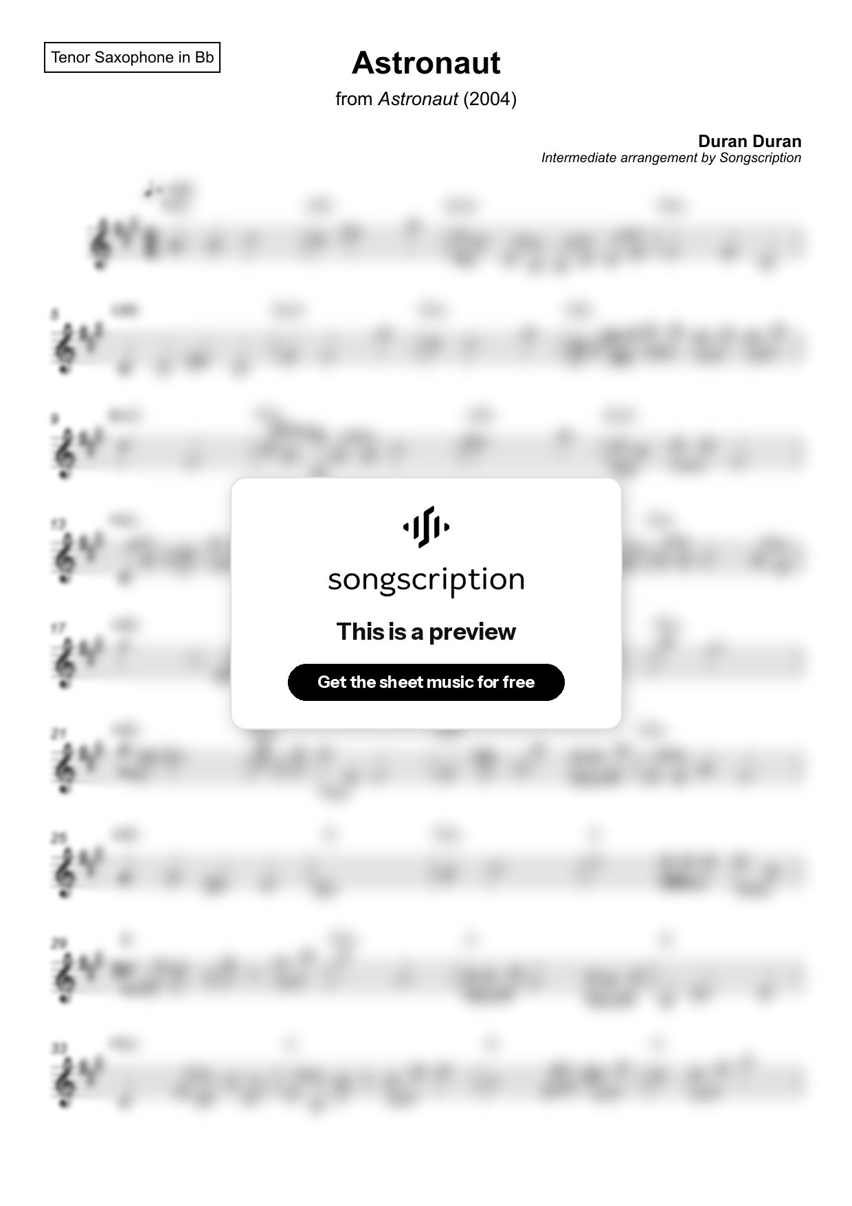 Intermediate Tenor Sax Sheet Music for "Astronaut" by Duran Duran