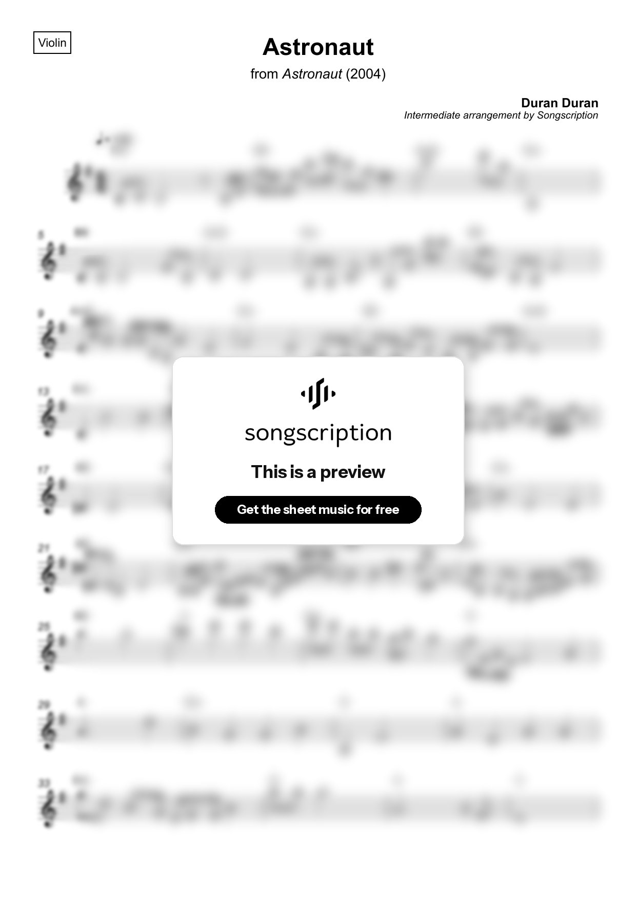 Intermediate Violin Sheet Music for "Astronaut" by Duran Duran