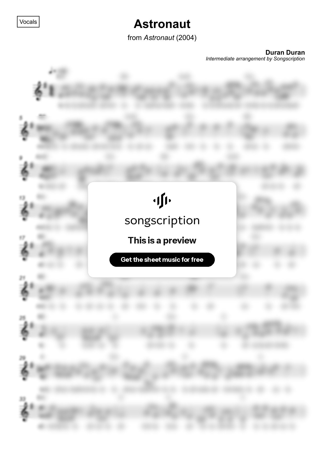 Intermediate Vocals Sheet Music for "Astronaut" by Duran Duran