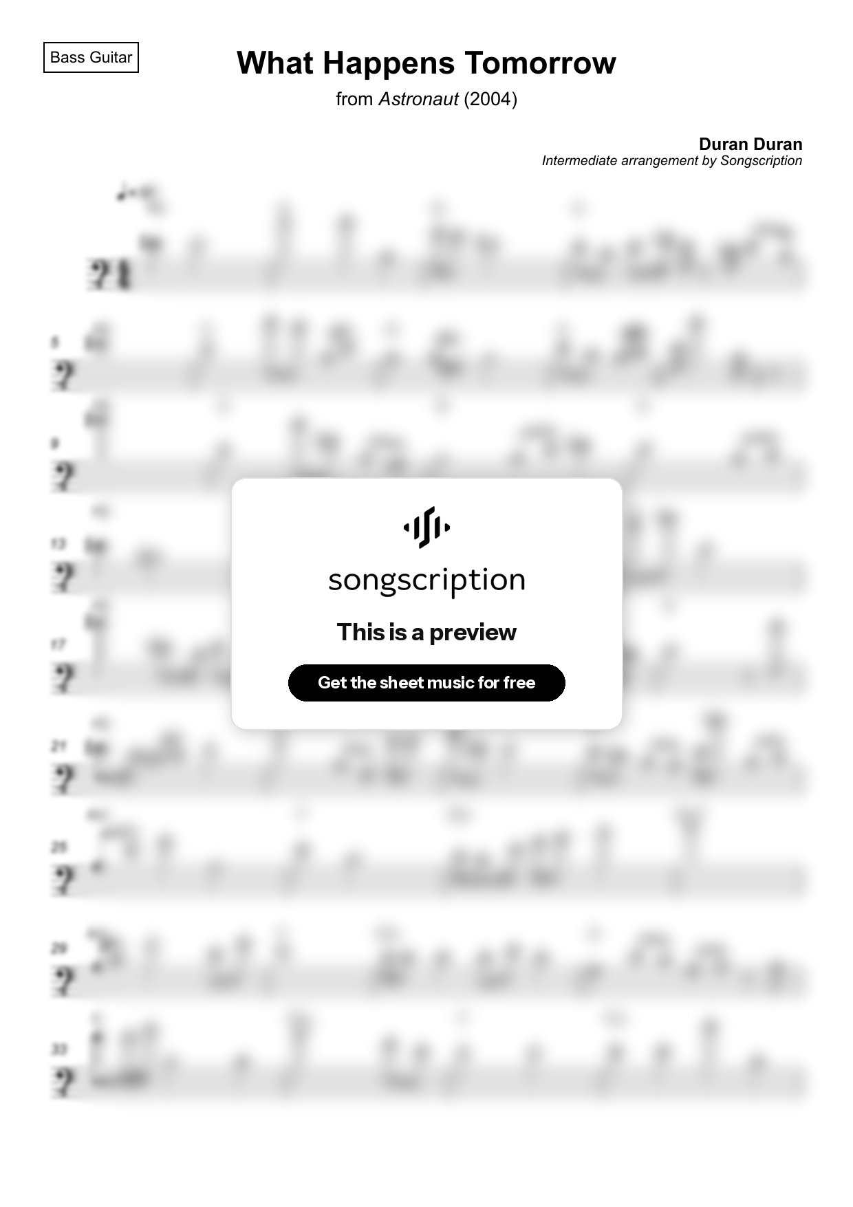 Intermediate Bass Guitar Sheet Music for "What Happens Tomorrow" by Duran Duran