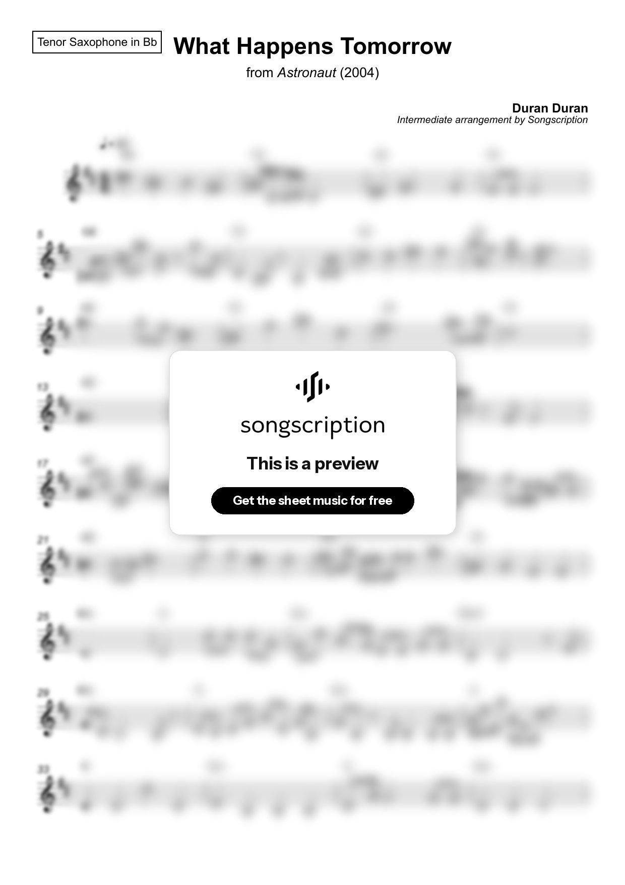 Intermediate Tenor Sax Sheet Music for "What Happens Tomorrow" by Duran Duran