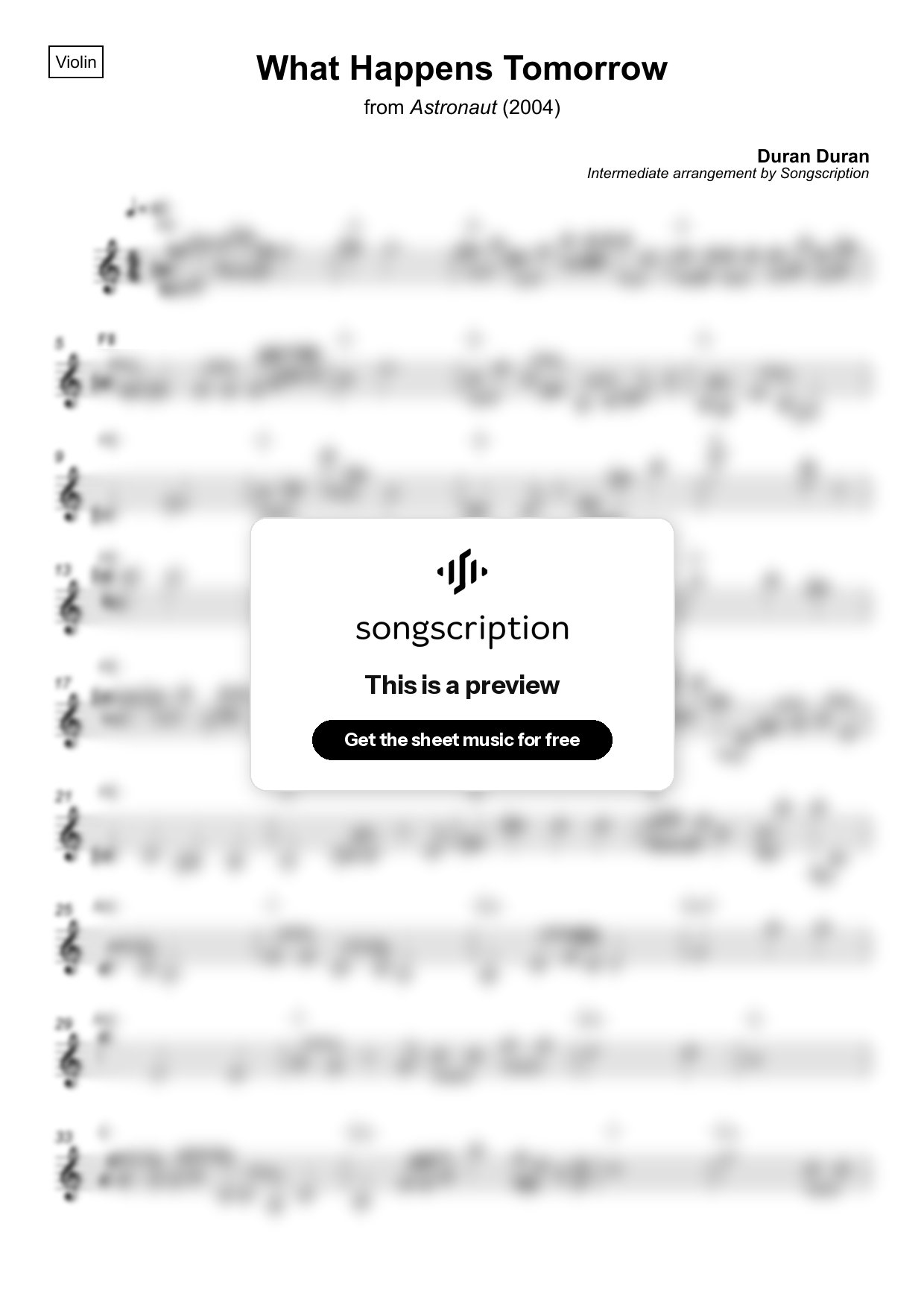 Intermediate Violin Sheet Music for "What Happens Tomorrow" by Duran Duran