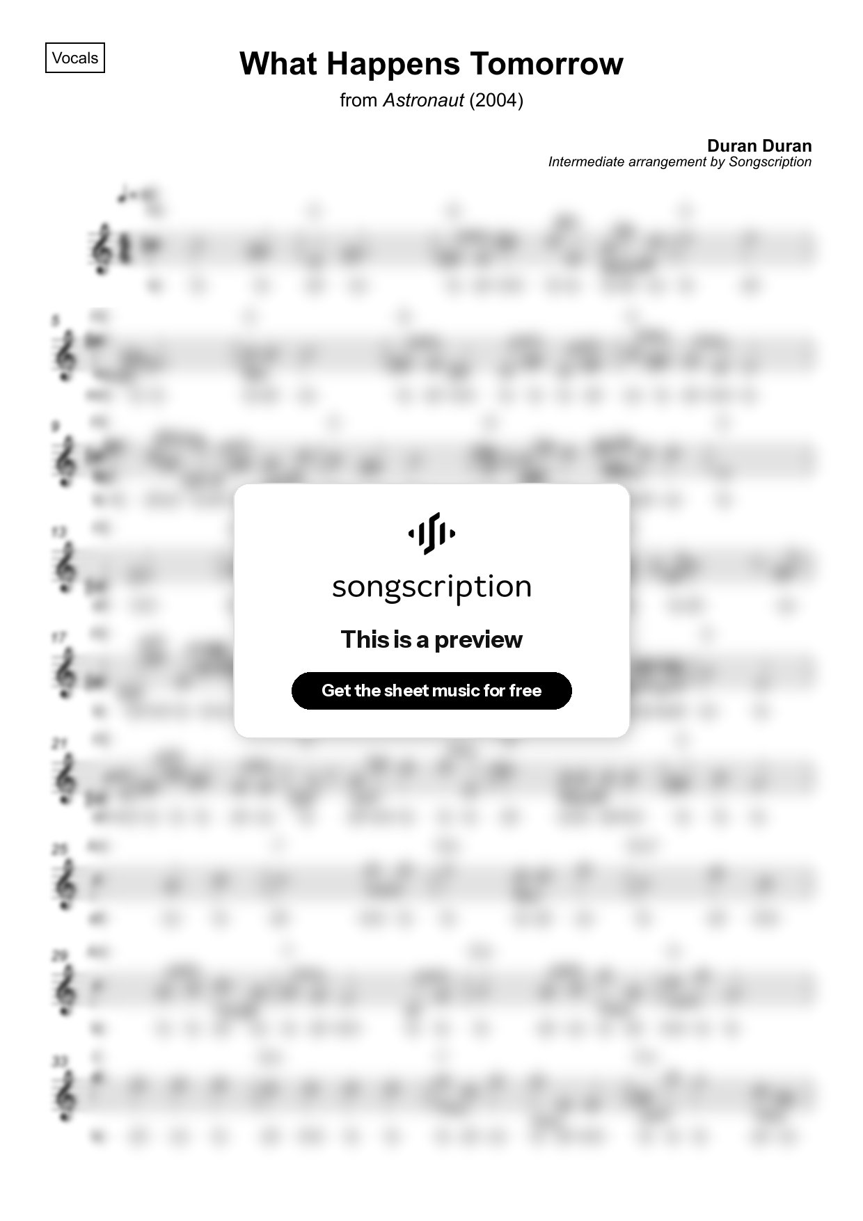 Intermediate Vocals Sheet Music for "What Happens Tomorrow" by Duran Duran