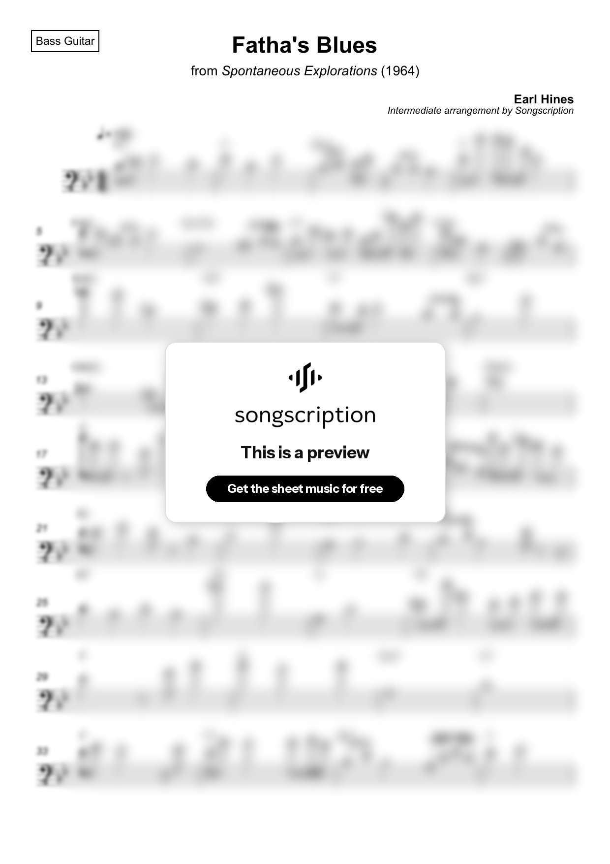 Intermediate Bass Guitar Sheet Music for "Fatha's Blues" by Earl Hines