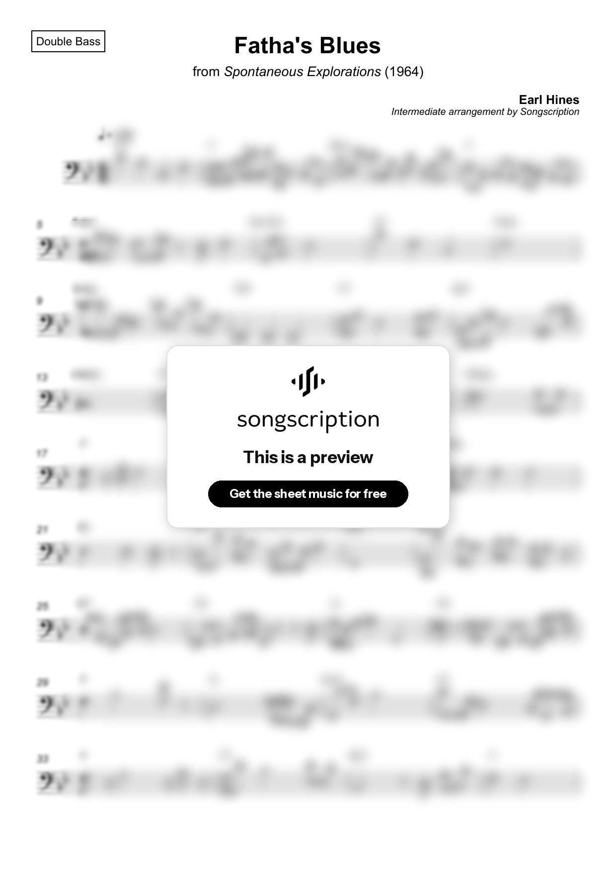 Intermediate Double Bass Sheet Music for "Fatha's Blues" by Earl Hines