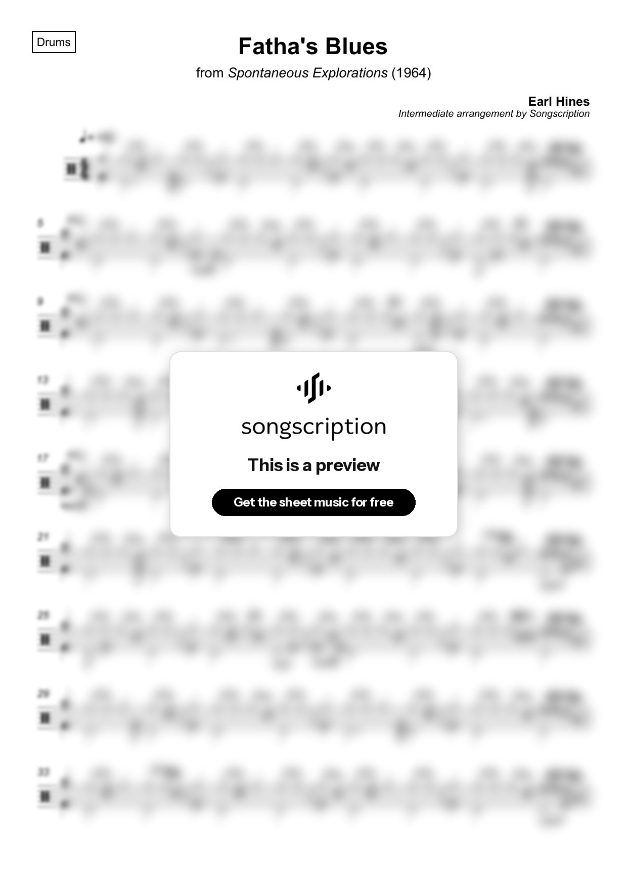 Intermediate Drums Sheet Music for "Fatha's Blues" by Earl Hines