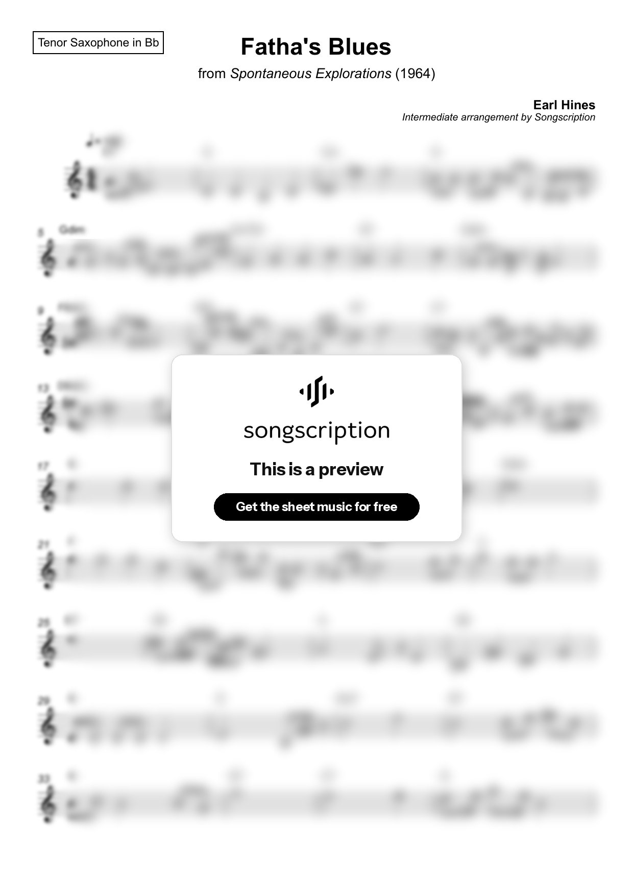 Intermediate Tenor Sax Sheet Music for "Fatha's Blues" by Earl Hines