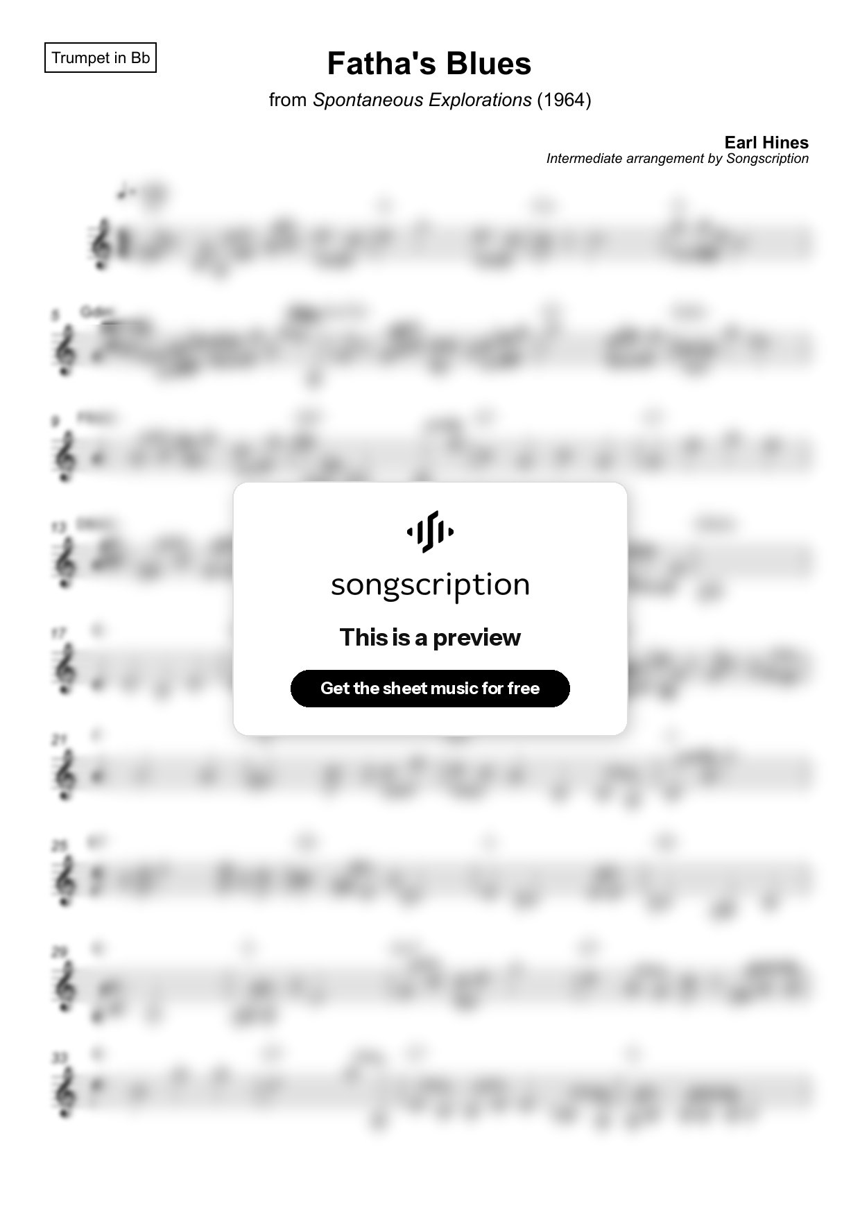 Intermediate Trumpet Sheet Music for "Fatha's Blues" by Earl Hines