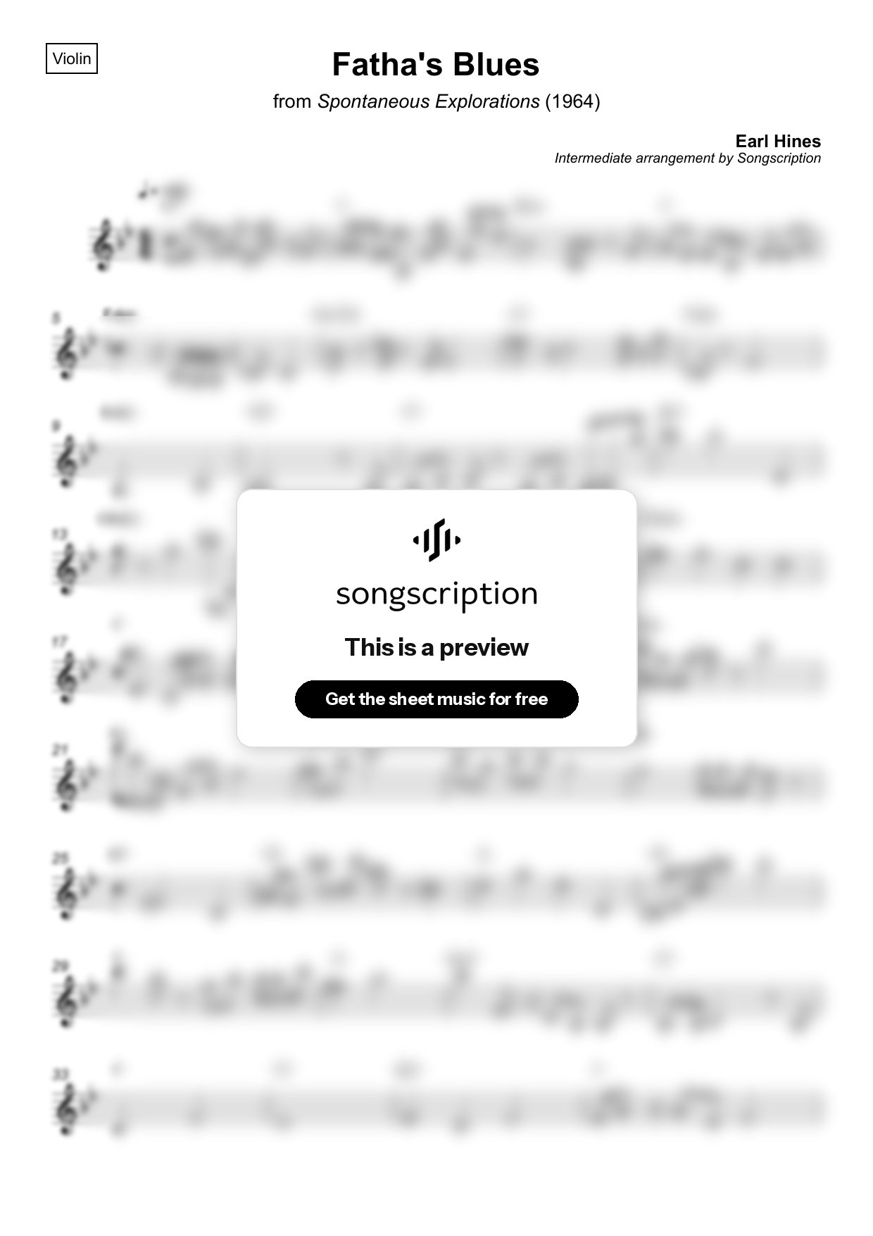 Intermediate Violin Sheet Music for "Fatha's Blues" by Earl Hines