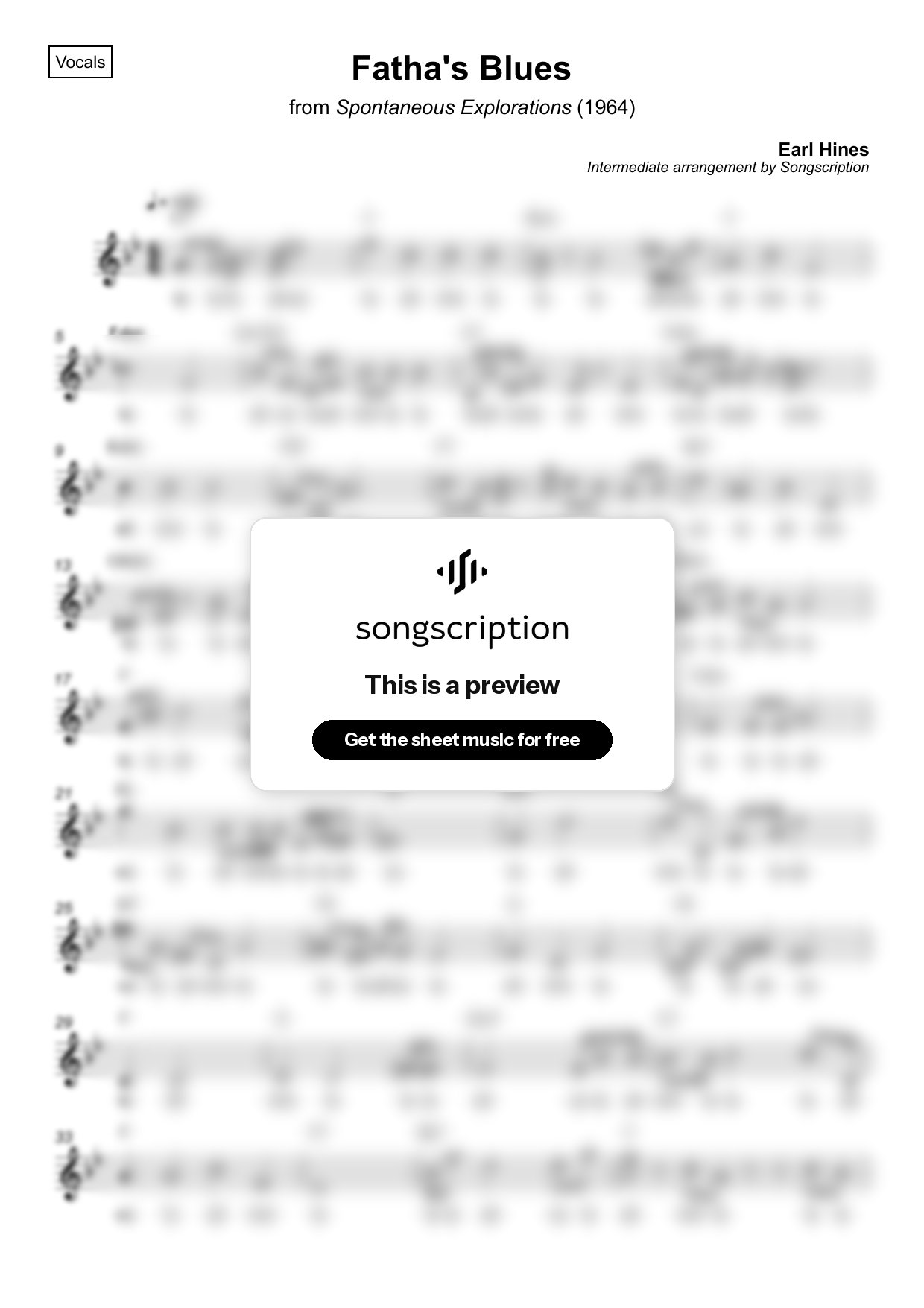 Intermediate Vocals Sheet Music for "Fatha's Blues" by Earl Hines