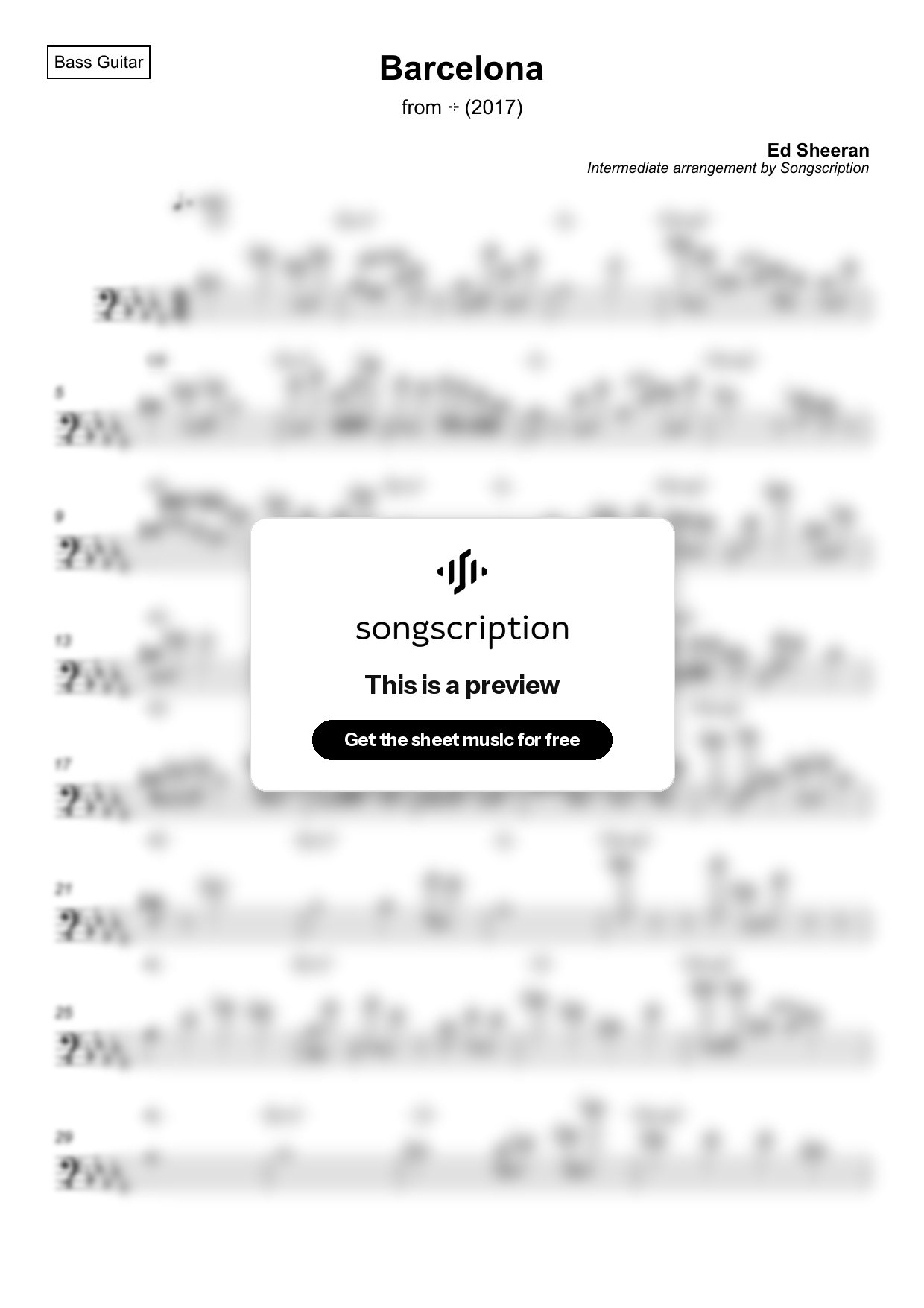 Intermediate Bass Guitar Sheet Music for "Barcelona" by Ed Sheeran