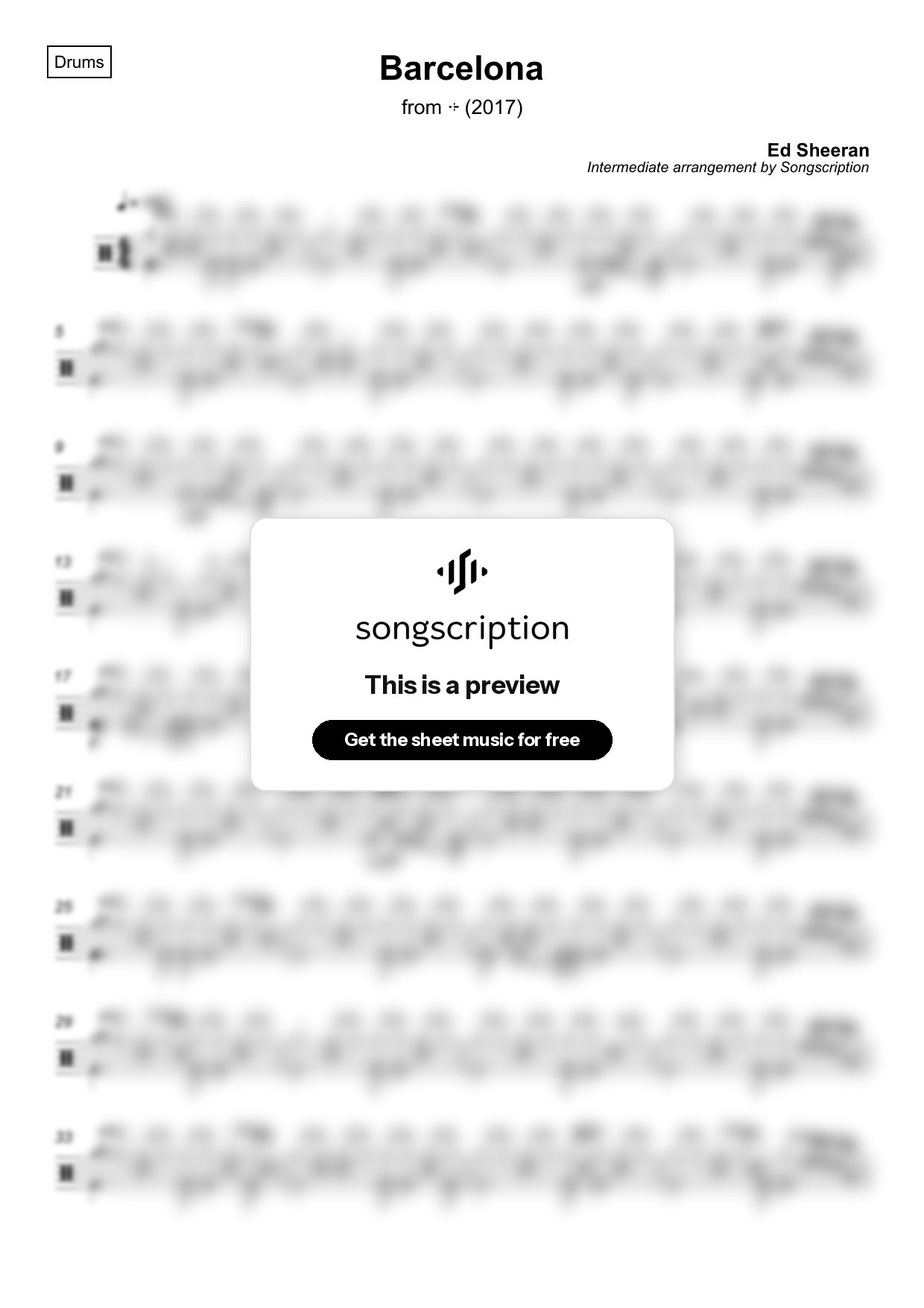 Intermediate Drums Sheet Music for "Barcelona" by Ed Sheeran