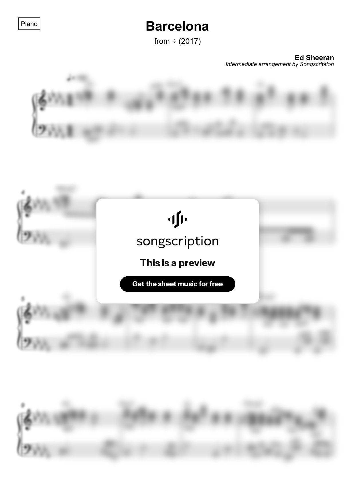 Intermediate Piano Sheet Music for "Barcelona" by Ed Sheeran