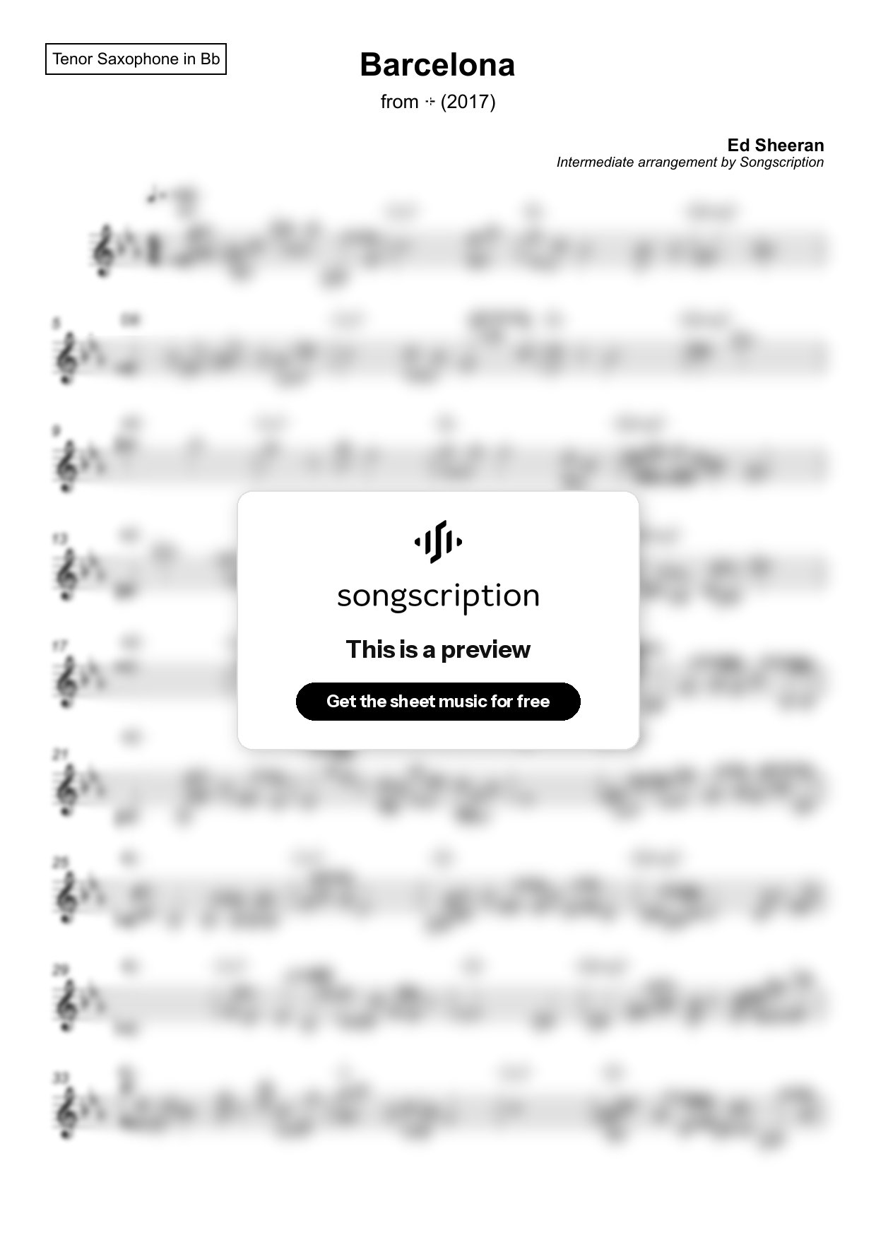 Intermediate Tenor Sax Sheet Music for "Barcelona" by Ed Sheeran
