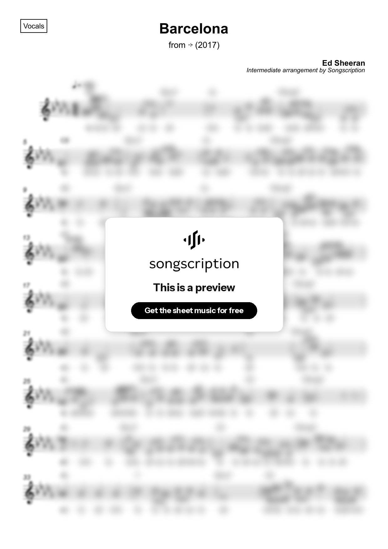 Intermediate Vocals Sheet Music for "Barcelona" by Ed Sheeran