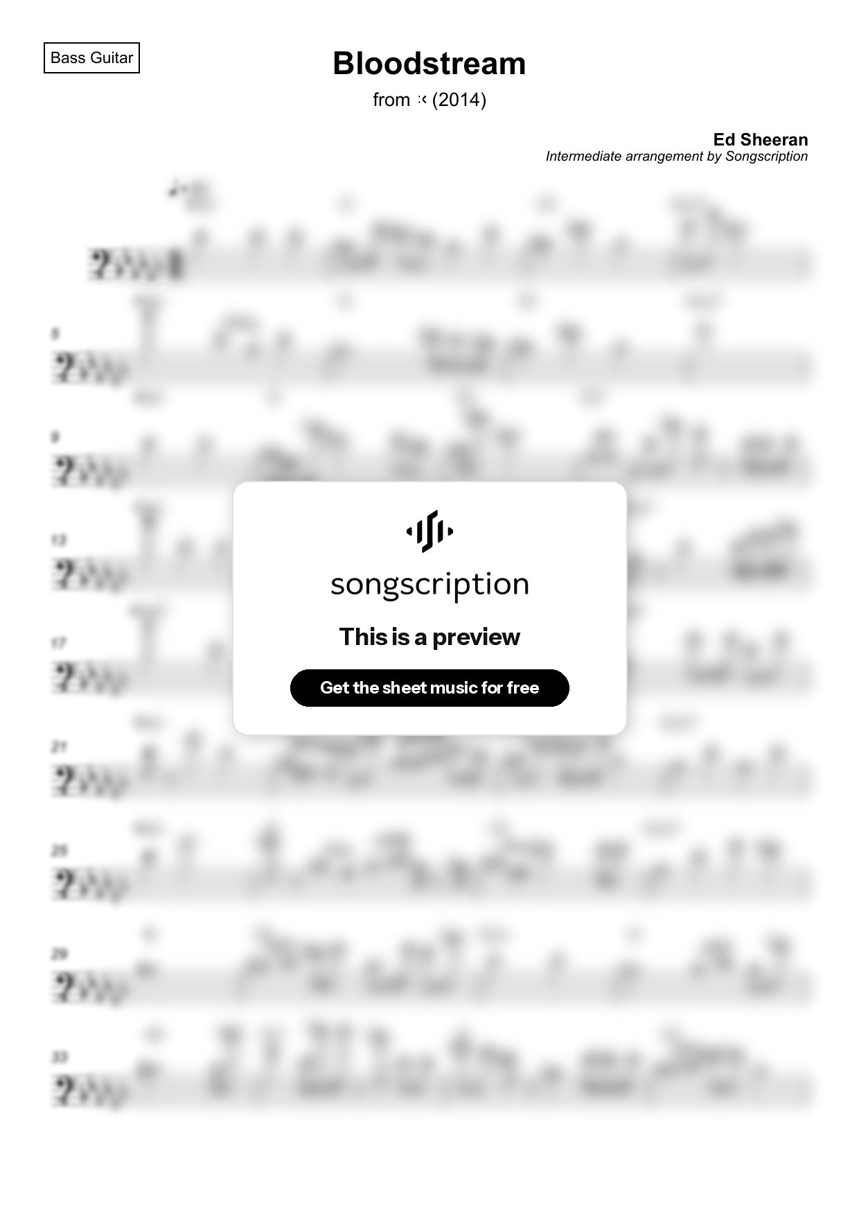 Intermediate Bass Guitar Sheet Music for "Bloodstream" by Ed Sheeran