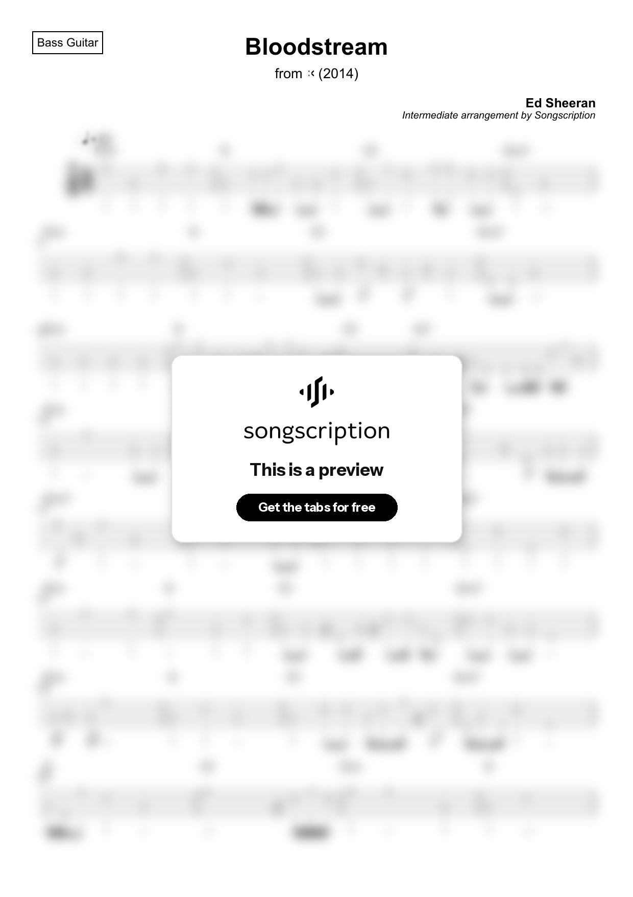 Intermediate Bass Guitar Tabs for "Bloodstream" by Ed Sheeran