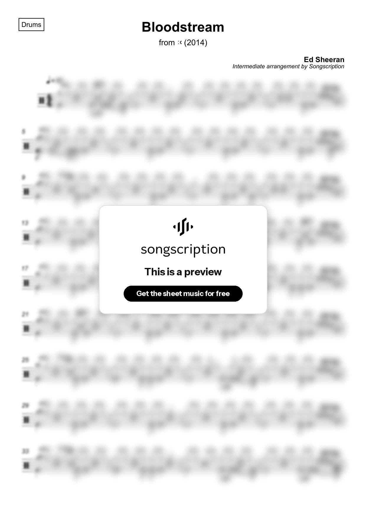 Intermediate Drums Sheet Music for "Bloodstream" by Ed Sheeran