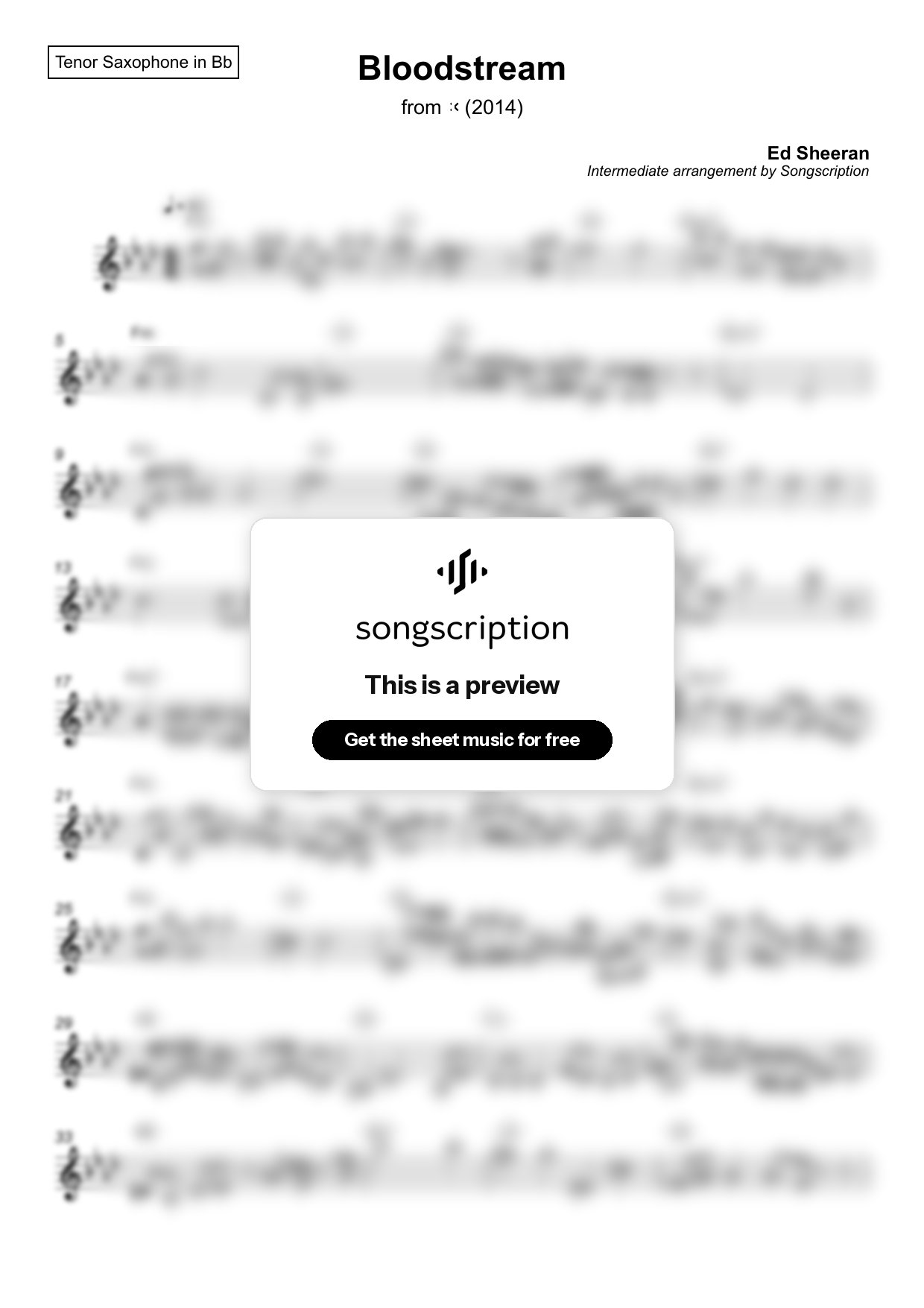 Intermediate Tenor Sax Sheet Music for "Bloodstream" by Ed Sheeran