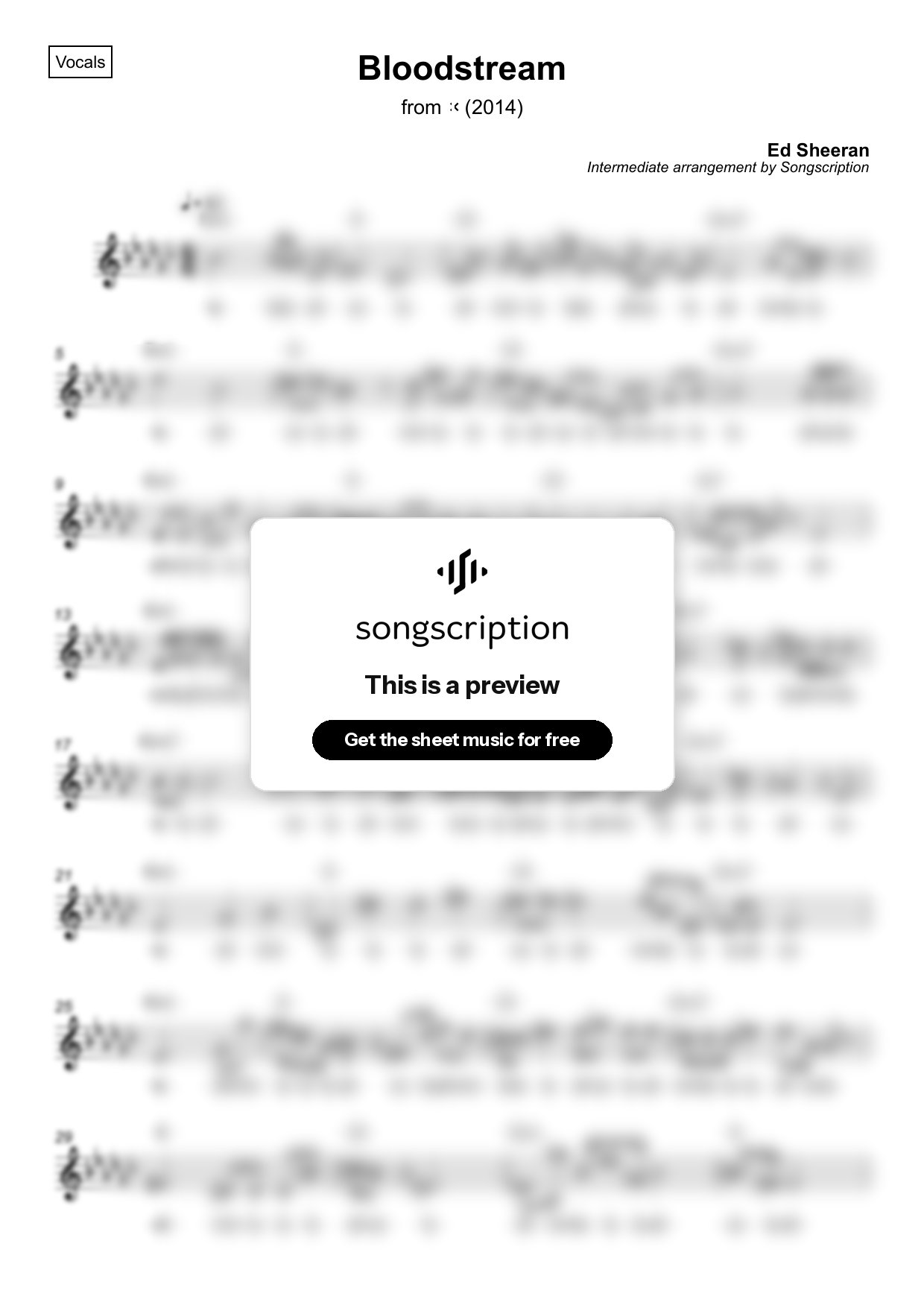 Intermediate Vocals Sheet Music for "Bloodstream" by Ed Sheeran