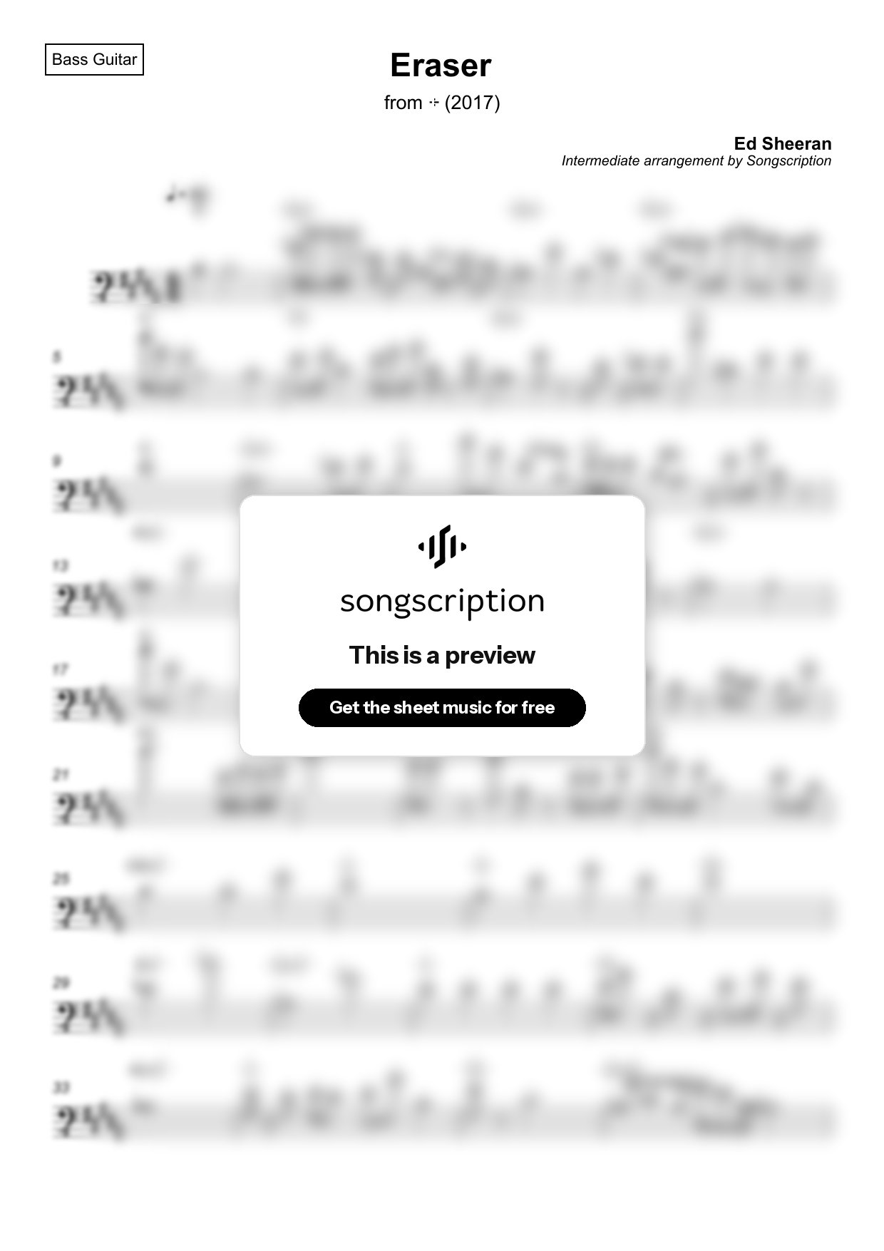 Intermediate Bass Guitar Sheet Music for "Eraser" by Ed Sheeran