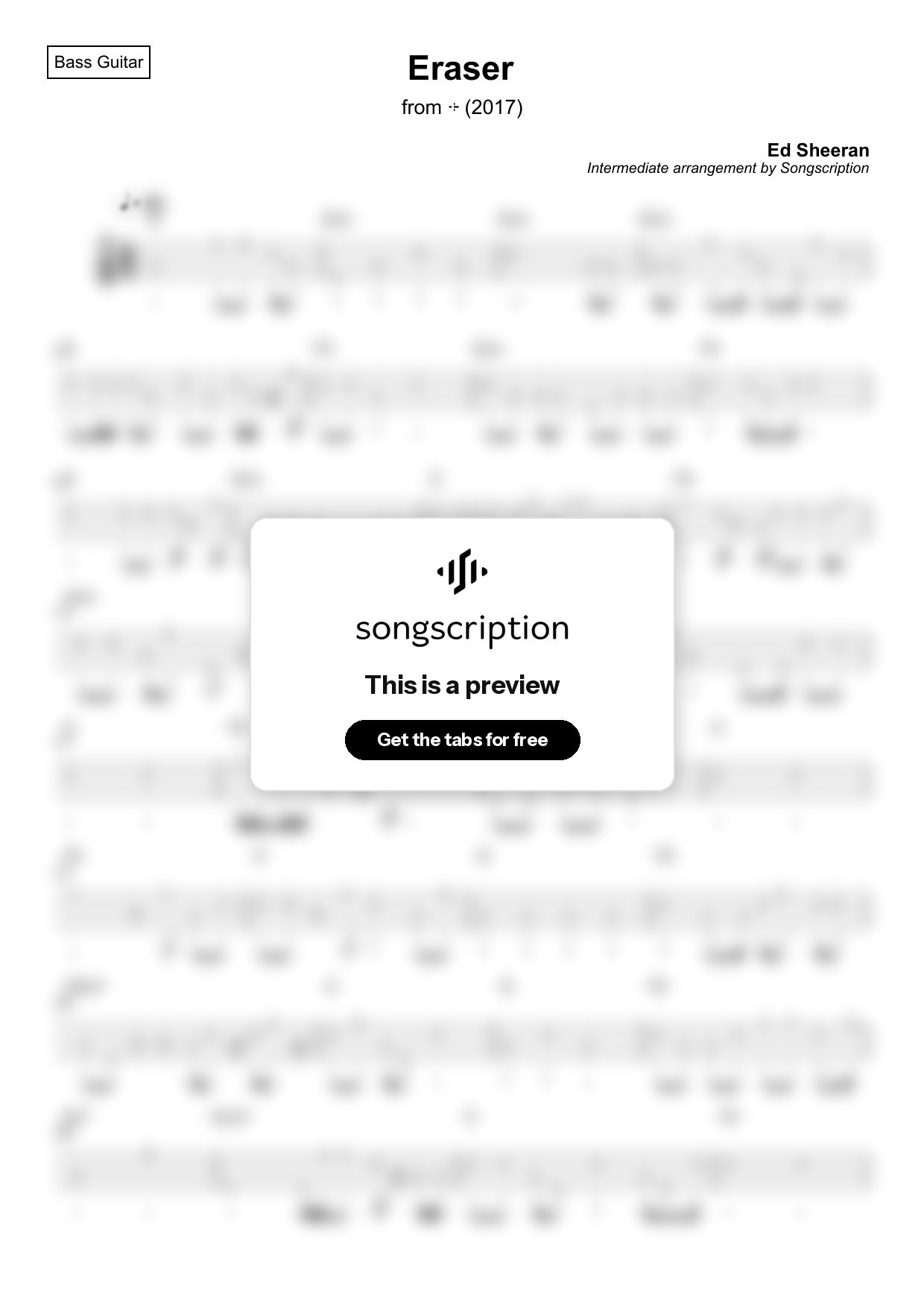 Intermediate Bass Guitar Tabs for "Eraser" by Ed Sheeran