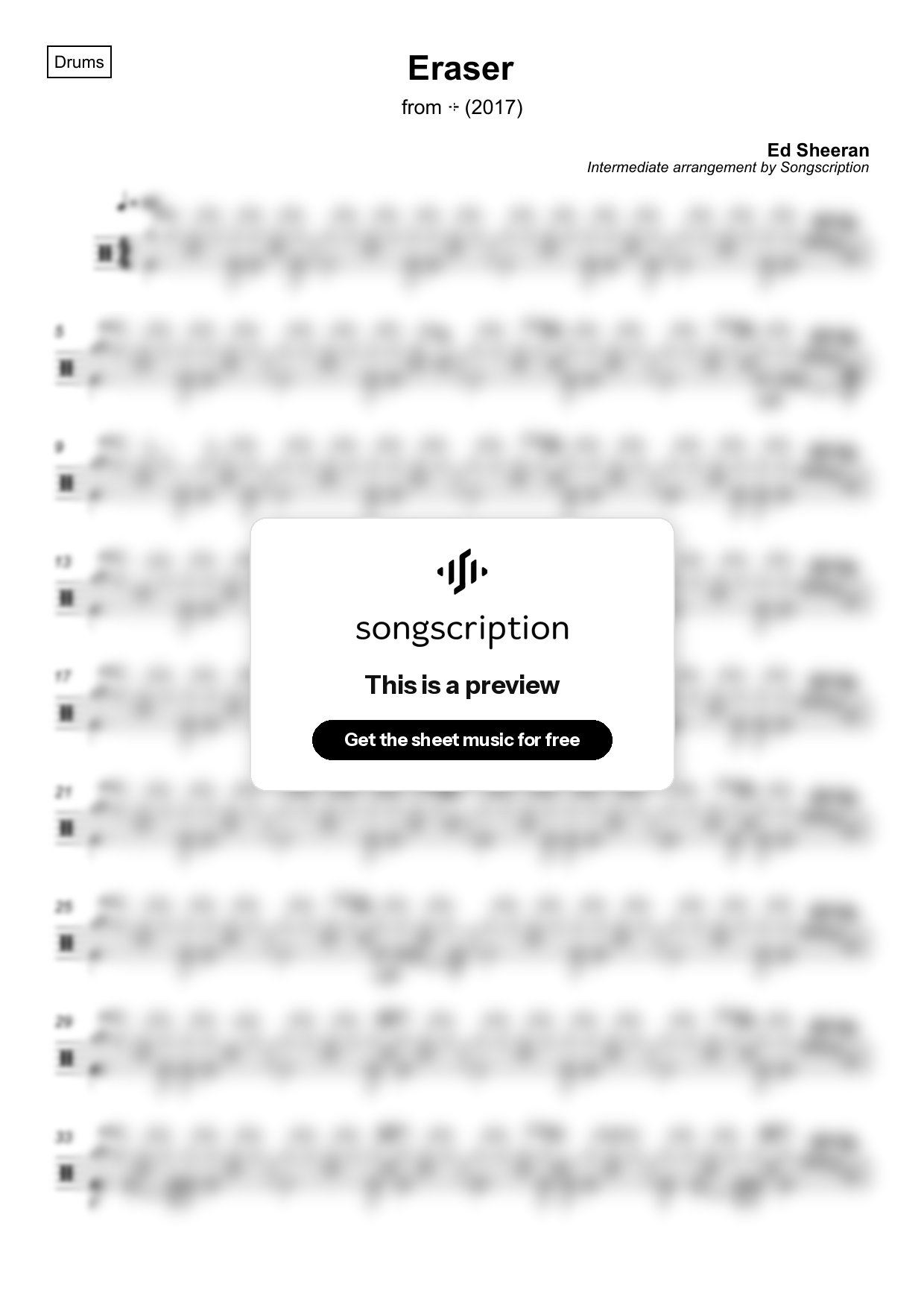 Intermediate Drums Sheet Music for "Eraser" by Ed Sheeran