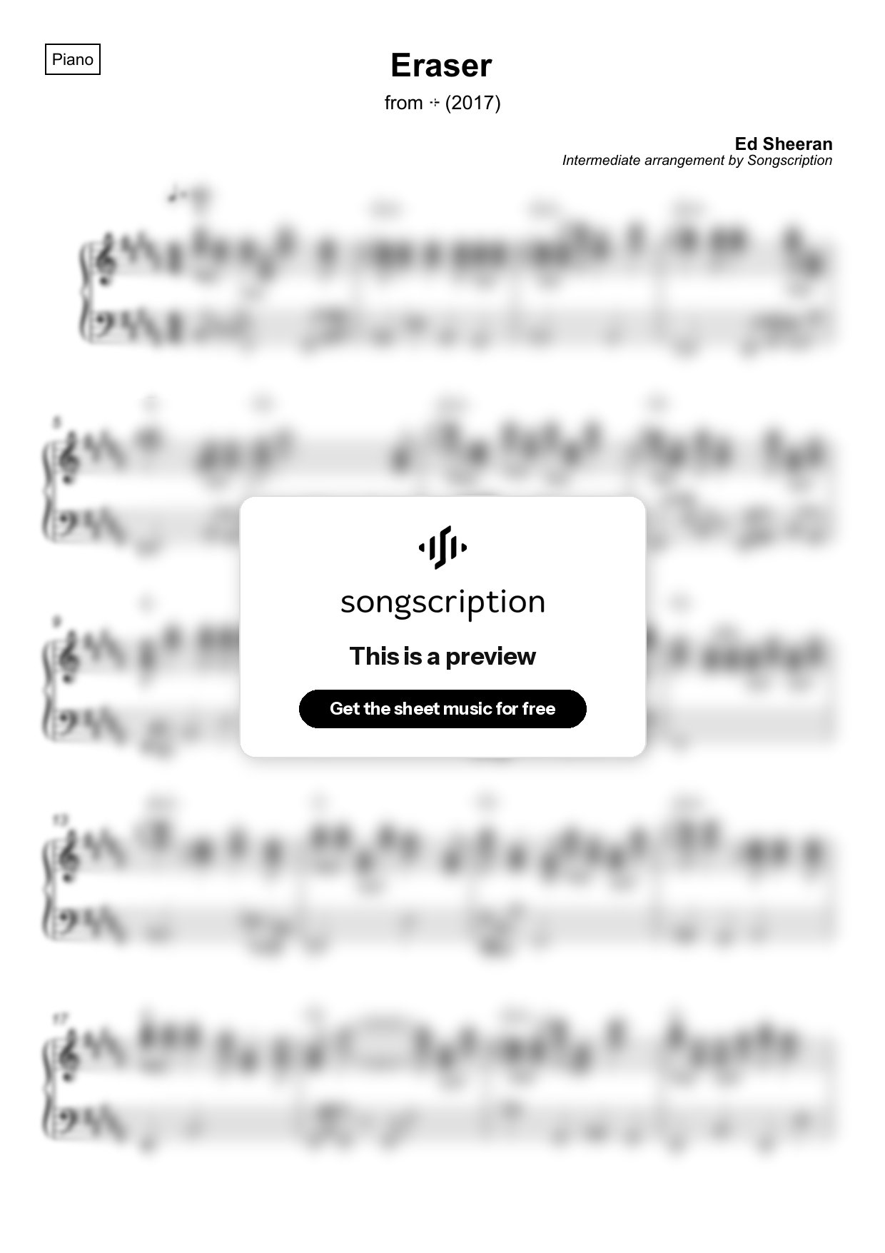 Intermediate Piano Sheet Music for "Eraser" by Ed Sheeran