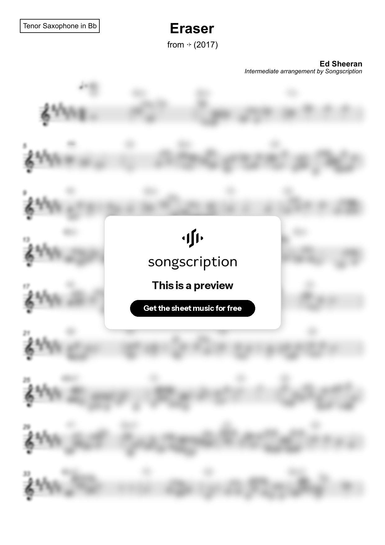 Intermediate Tenor Sax Sheet Music for "Eraser" by Ed Sheeran