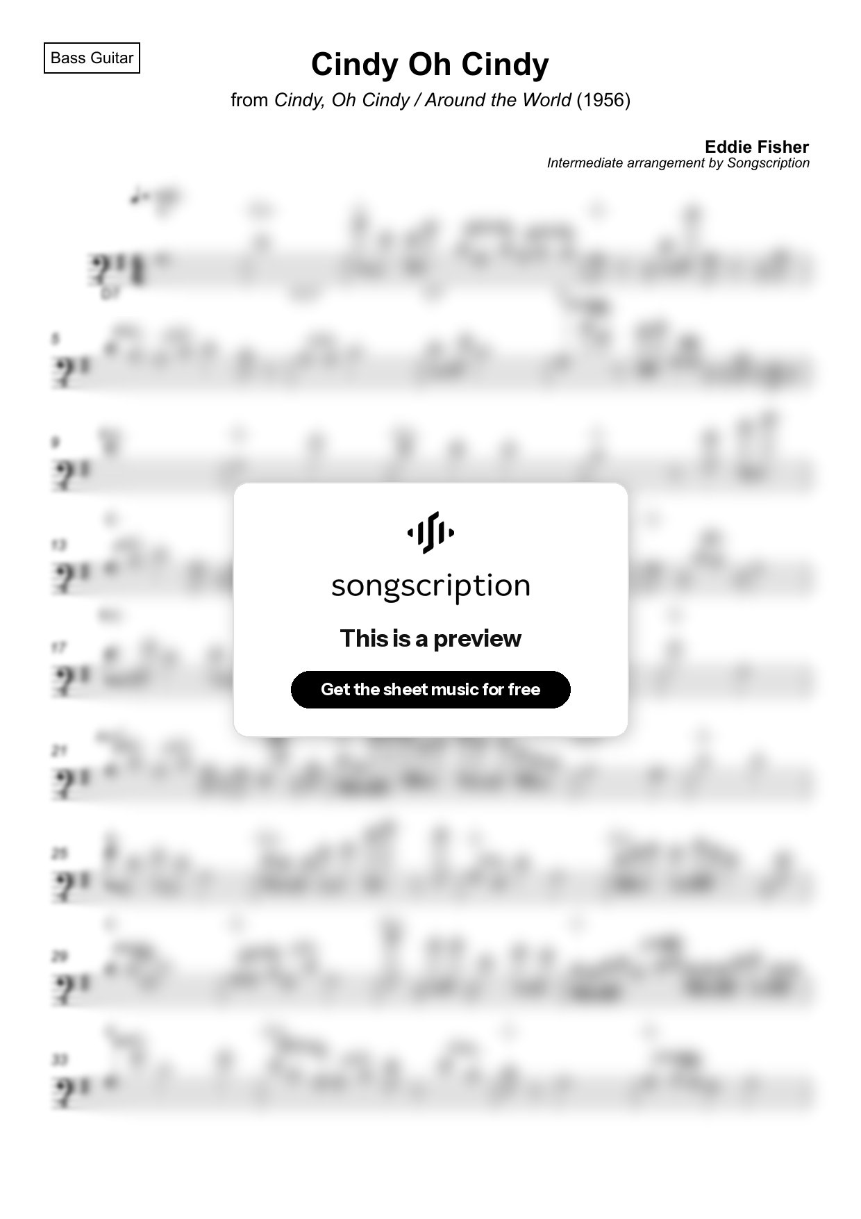 Intermediate Bass Guitar Sheet Music for "Cindy Oh Cindy" by Eddie Fisher