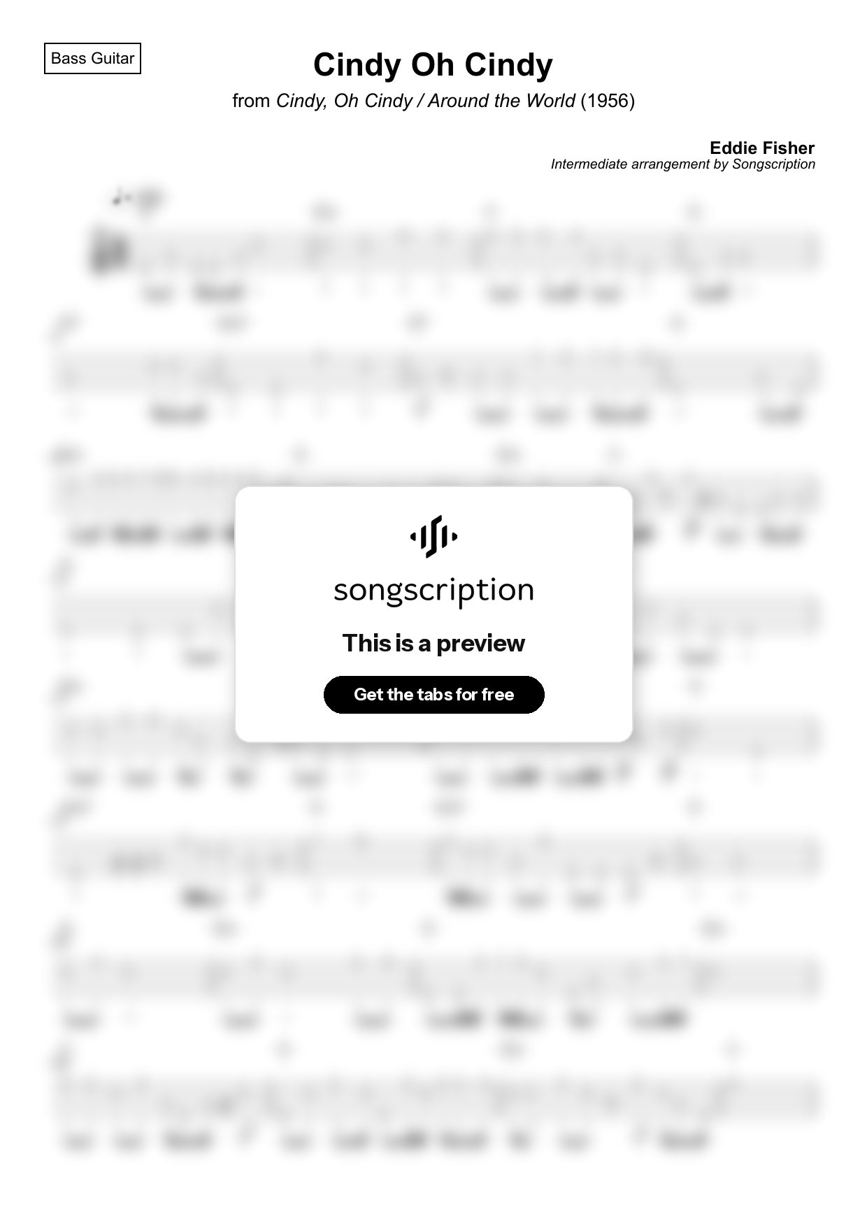 Intermediate Bass Guitar Tabs for "Cindy Oh Cindy" by Eddie Fisher