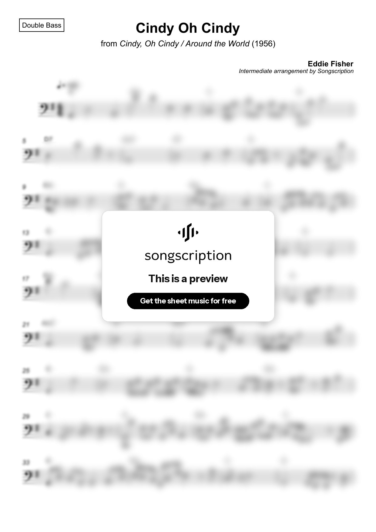 Intermediate Double Bass Sheet Music for "Cindy Oh Cindy" by Eddie Fisher